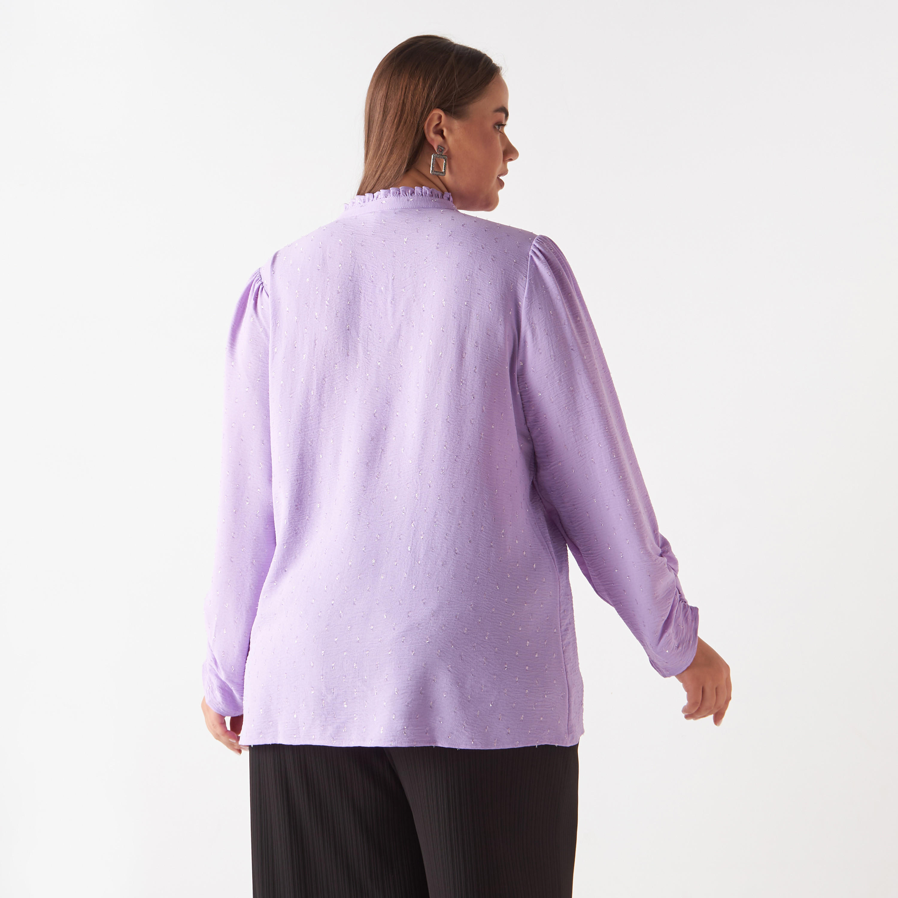 Plus Size All-Over Textured Shirt with Gathered Sleeve Hems-women-clothing-shirtsandblouses-shirts-image-3