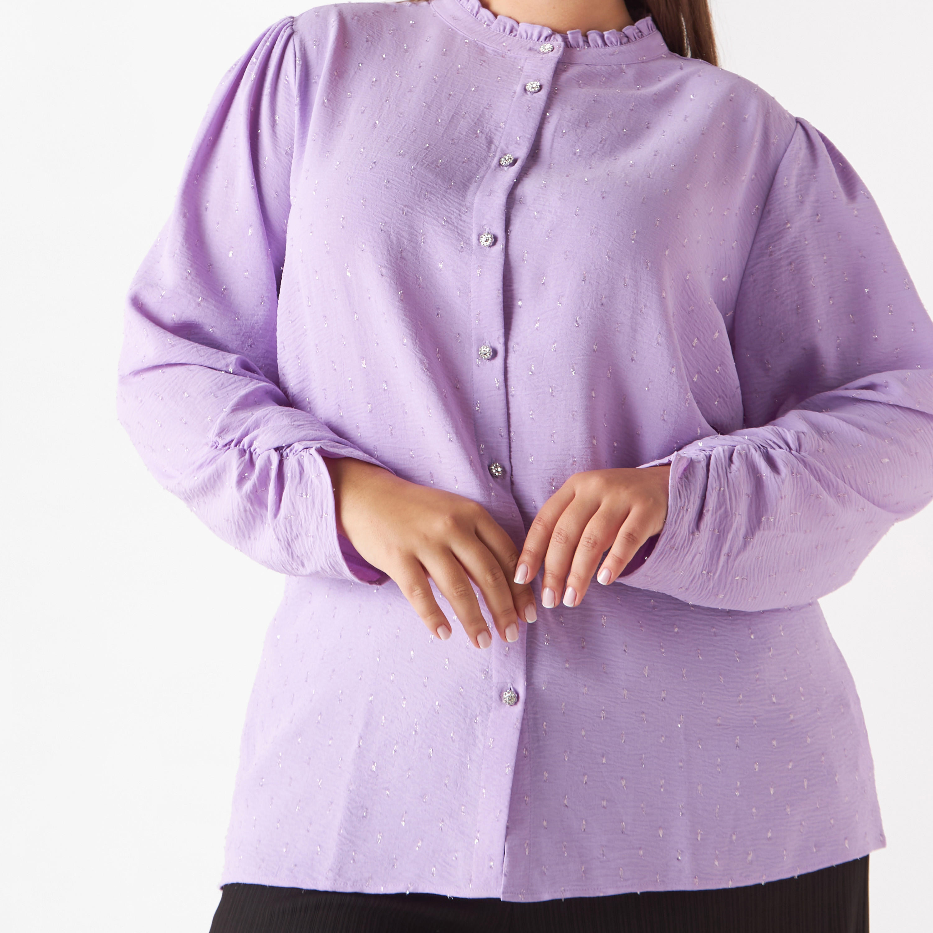 Plus Size All-Over Textured Shirt with Gathered Sleeve Hems-women-clothing-shirtsandblouses-shirts-image-4