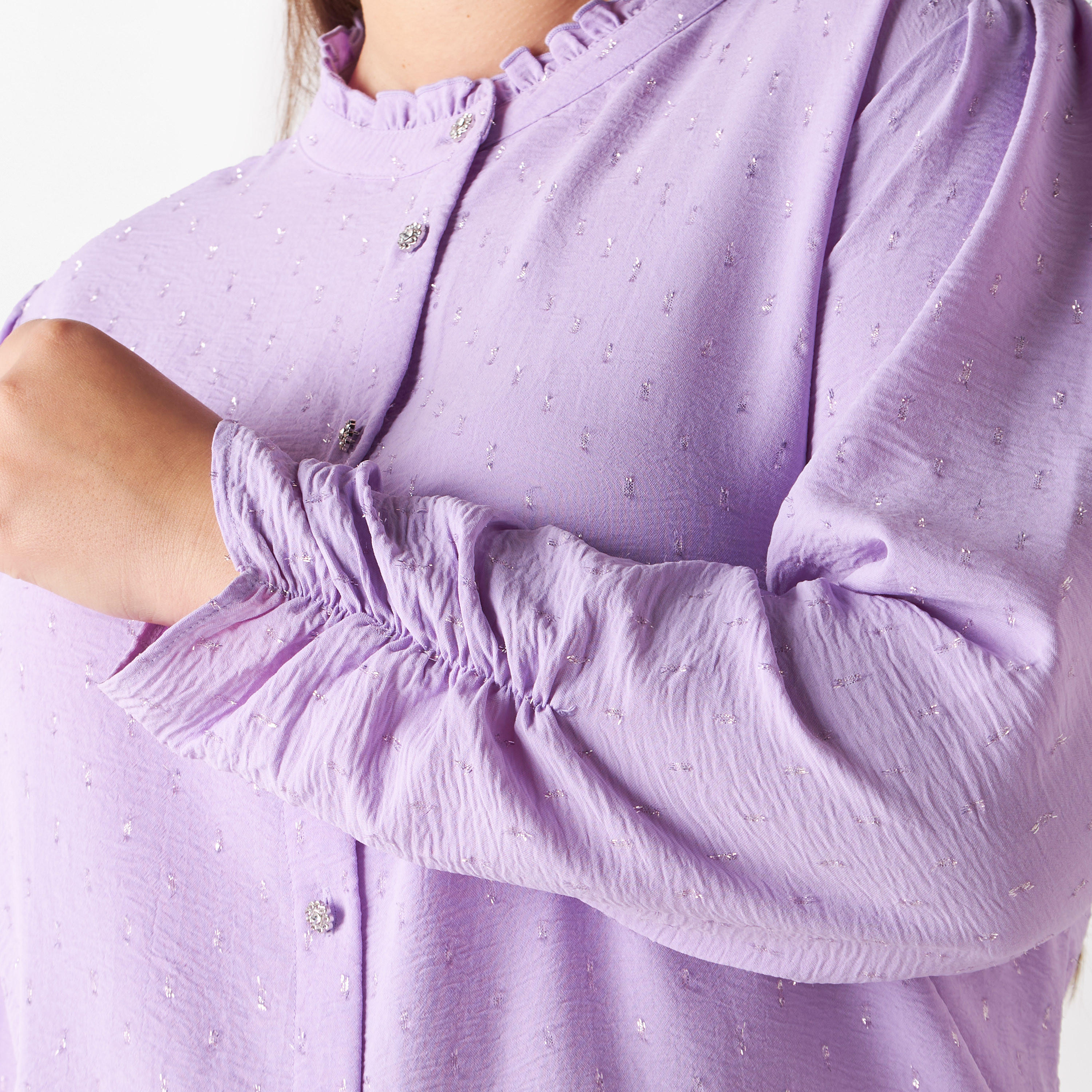 Plus Size All-Over Textured Shirt with Gathered Sleeve Hems-women-clothing-shirtsandblouses-shirts-image-5