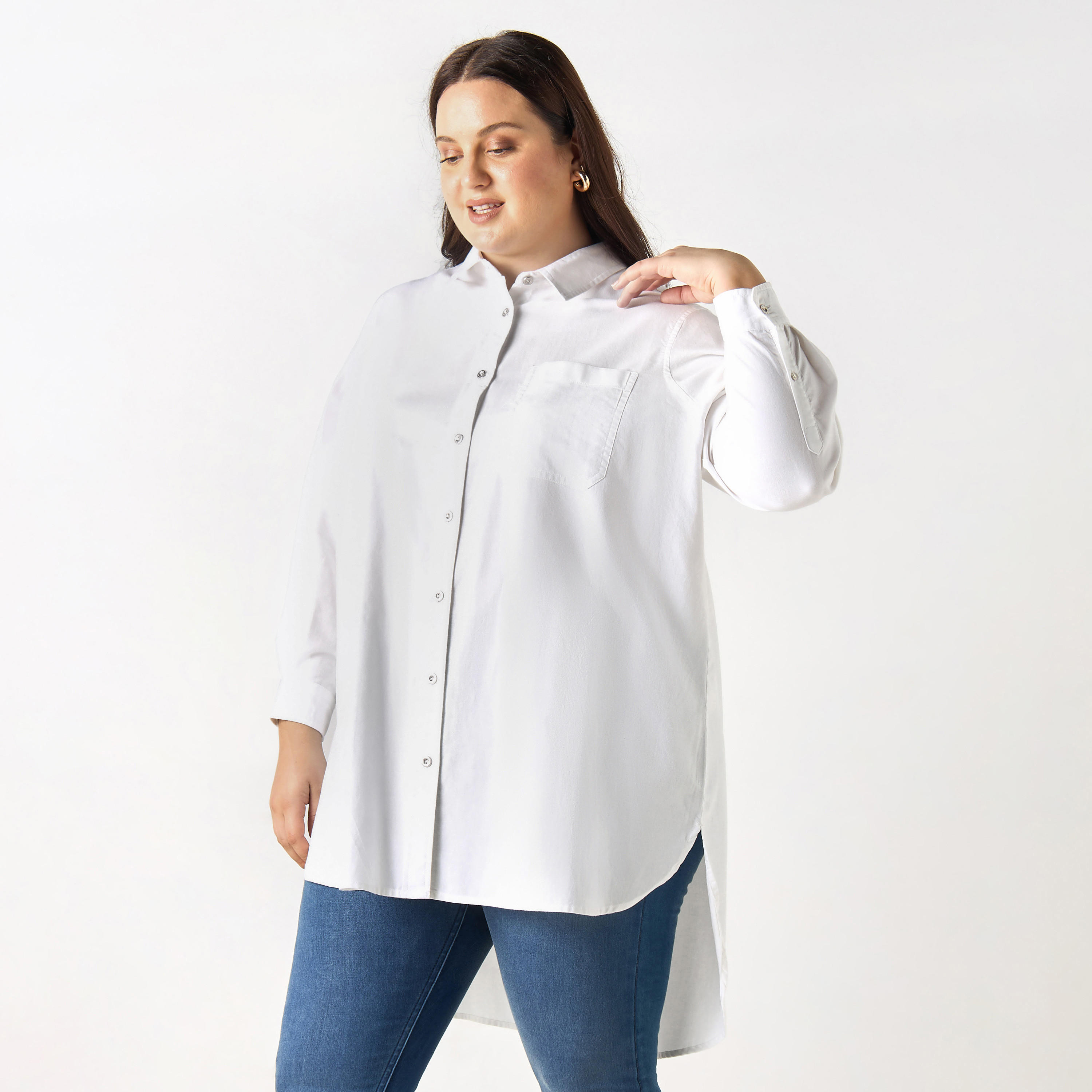 Plus Size Ulla Popken High Low Cotton Shirt with Long Sleeves and Pocket-women-clothing-shirtsandblouses-shirts-image-1
