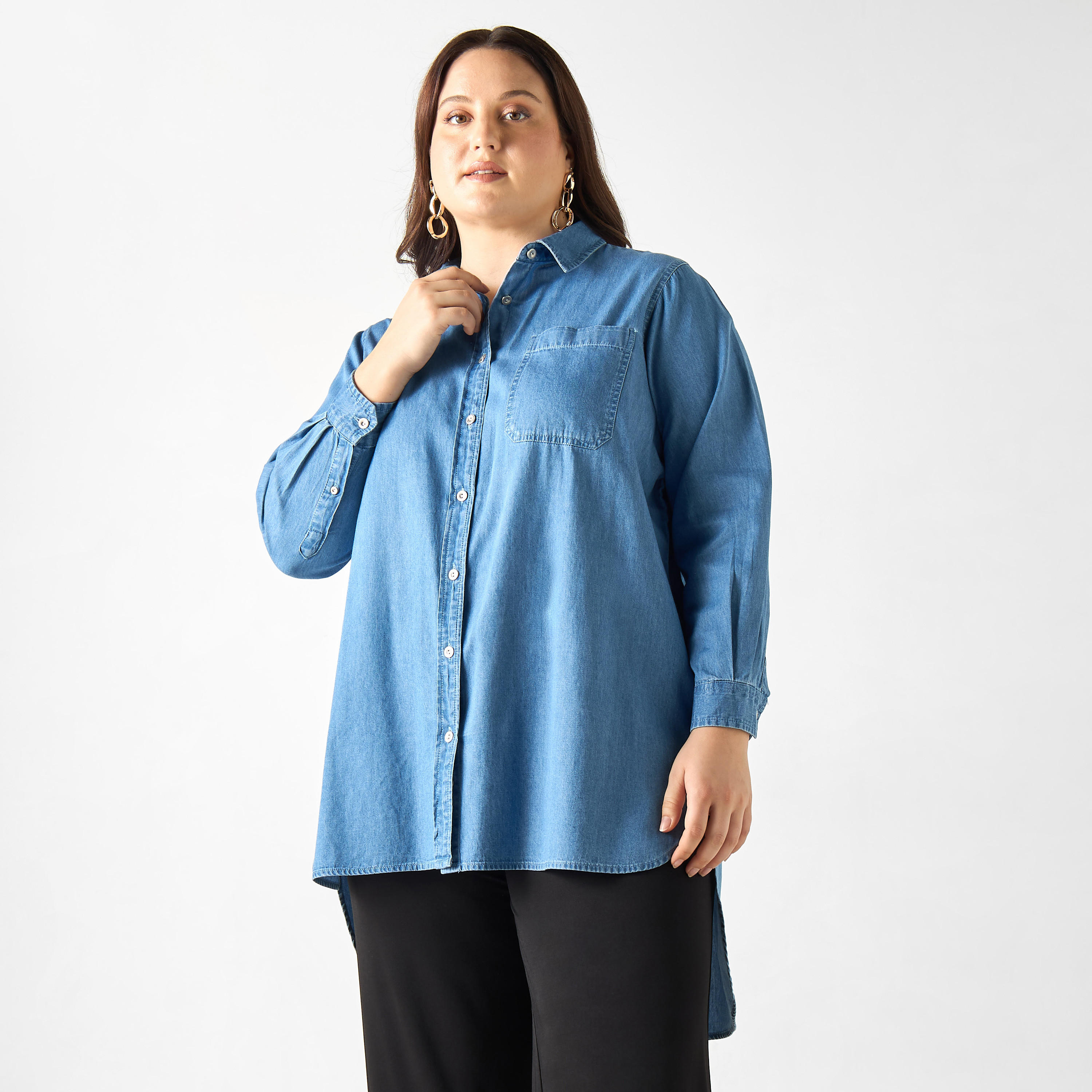 Plus Size Ulla Popken High Low Cotton Shirt with Long Sleeves and Pocket-women-clothing-shirtsandblouses-shirts-image-6