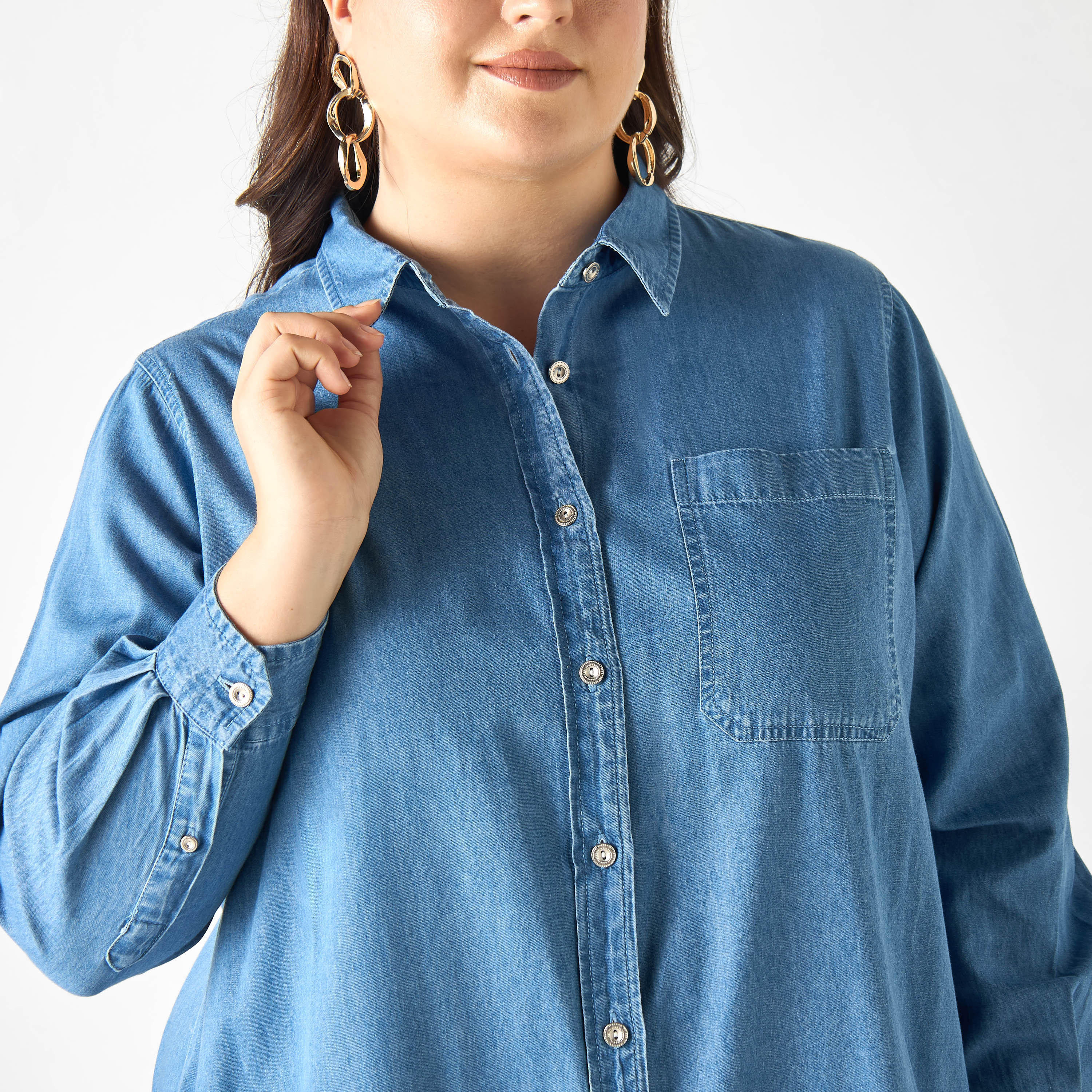 Plus Size Ulla Popken High Low Cotton Shirt with Long Sleeves and Pocket-women-clothing-shirtsandblouses-shirts-image-9