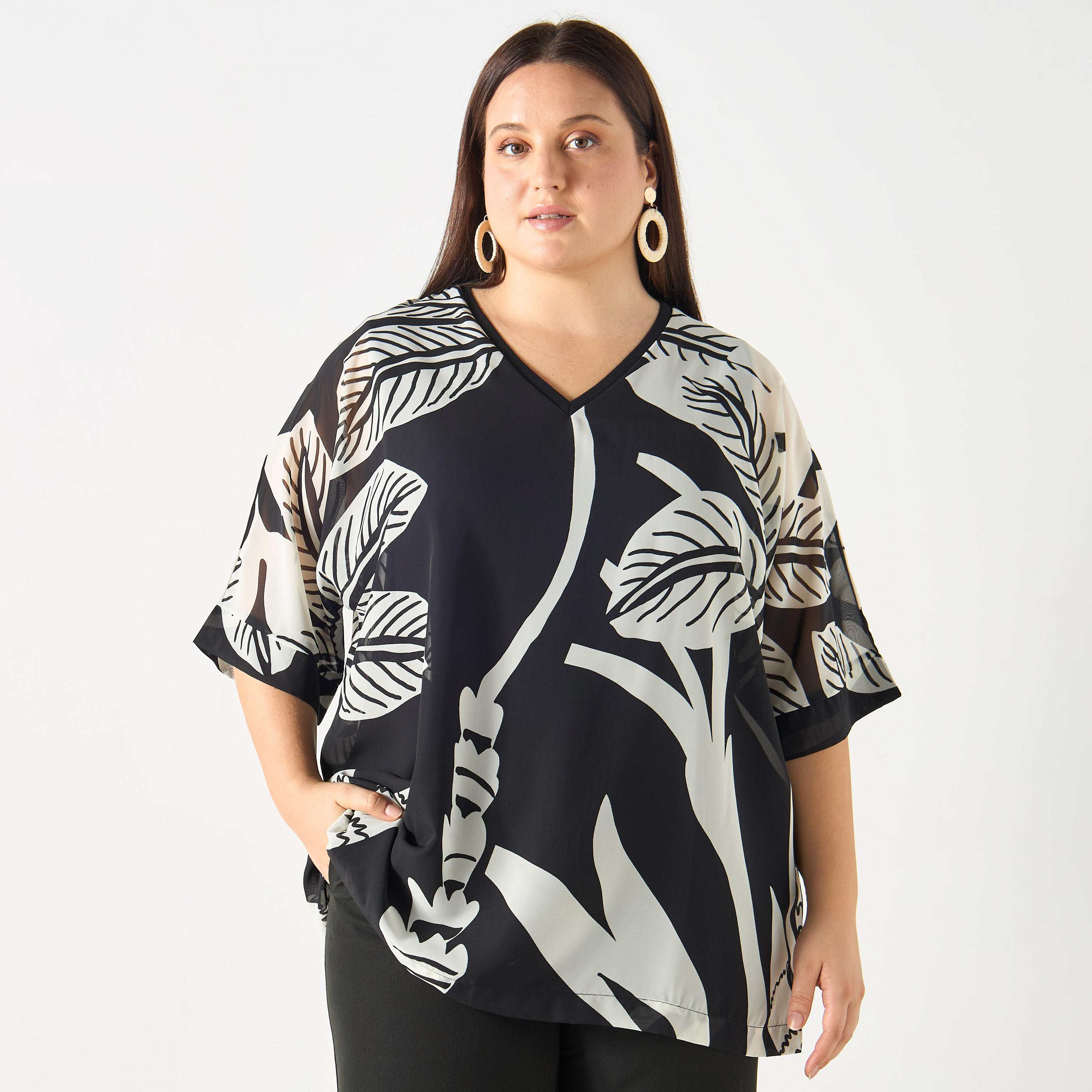 Plus Size Ulla Popken All-Over Print V-neck Top with Short Sleeves-women-clothing-shirtsandblouses-blouses-image-1