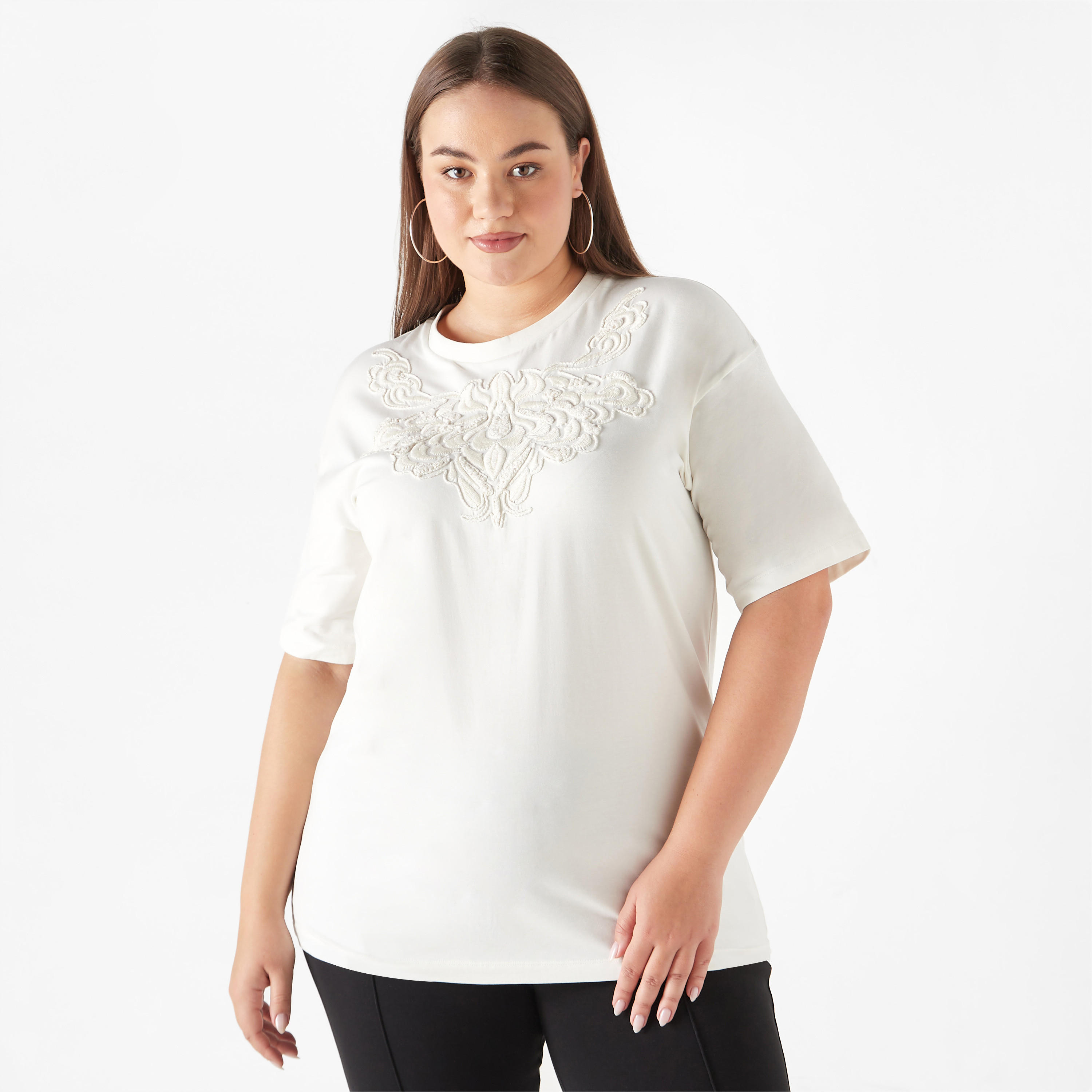 Plus Size Ulla Popken Embroidered Top with Short Sleeves and Round Neck-women-clothing-tshirts-image-1