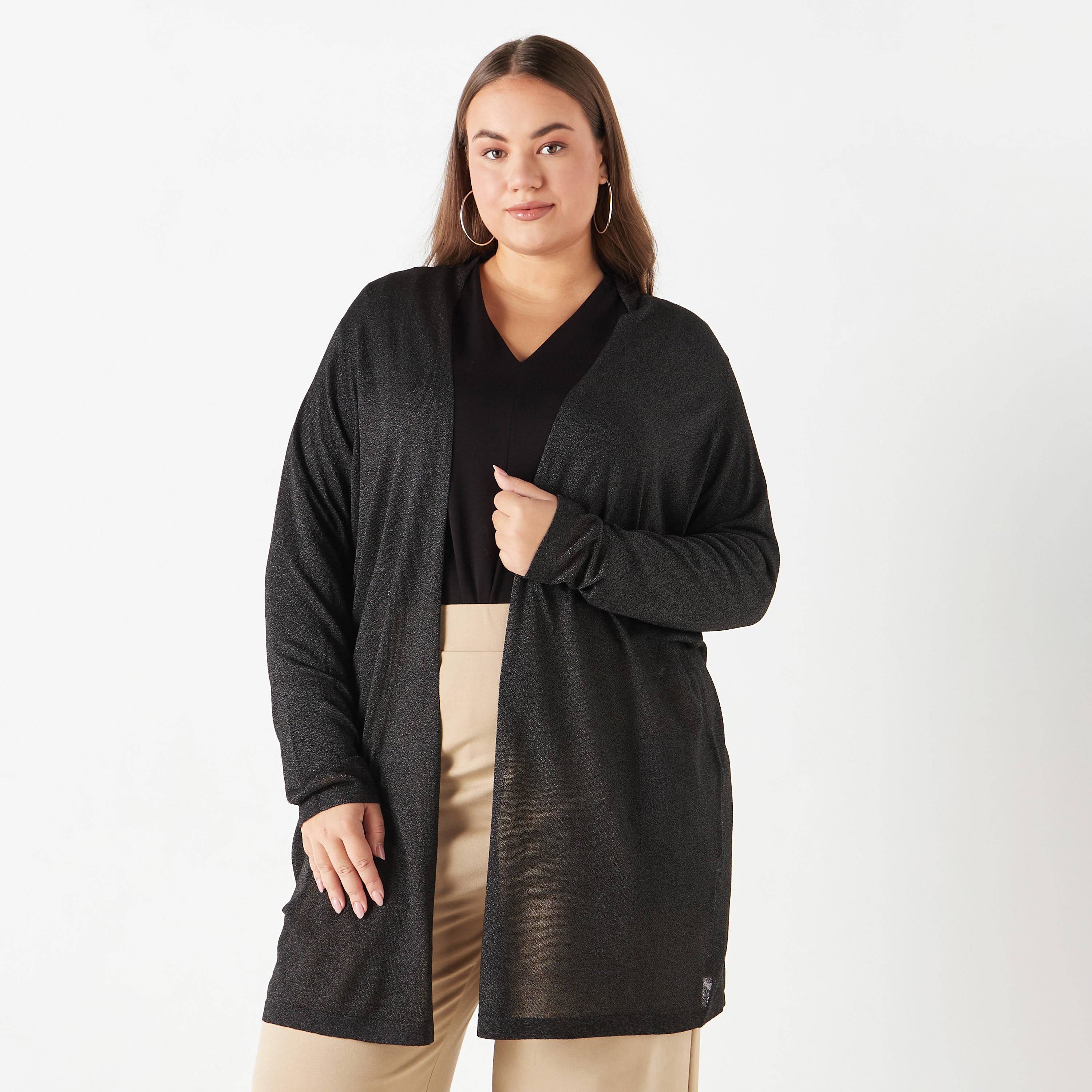 Plus Size Ulla Popken Textured Open Front Shrug with Long Sleeves and Pockets-women-winterwear-cardigansandjumpers-cardigans-image-6