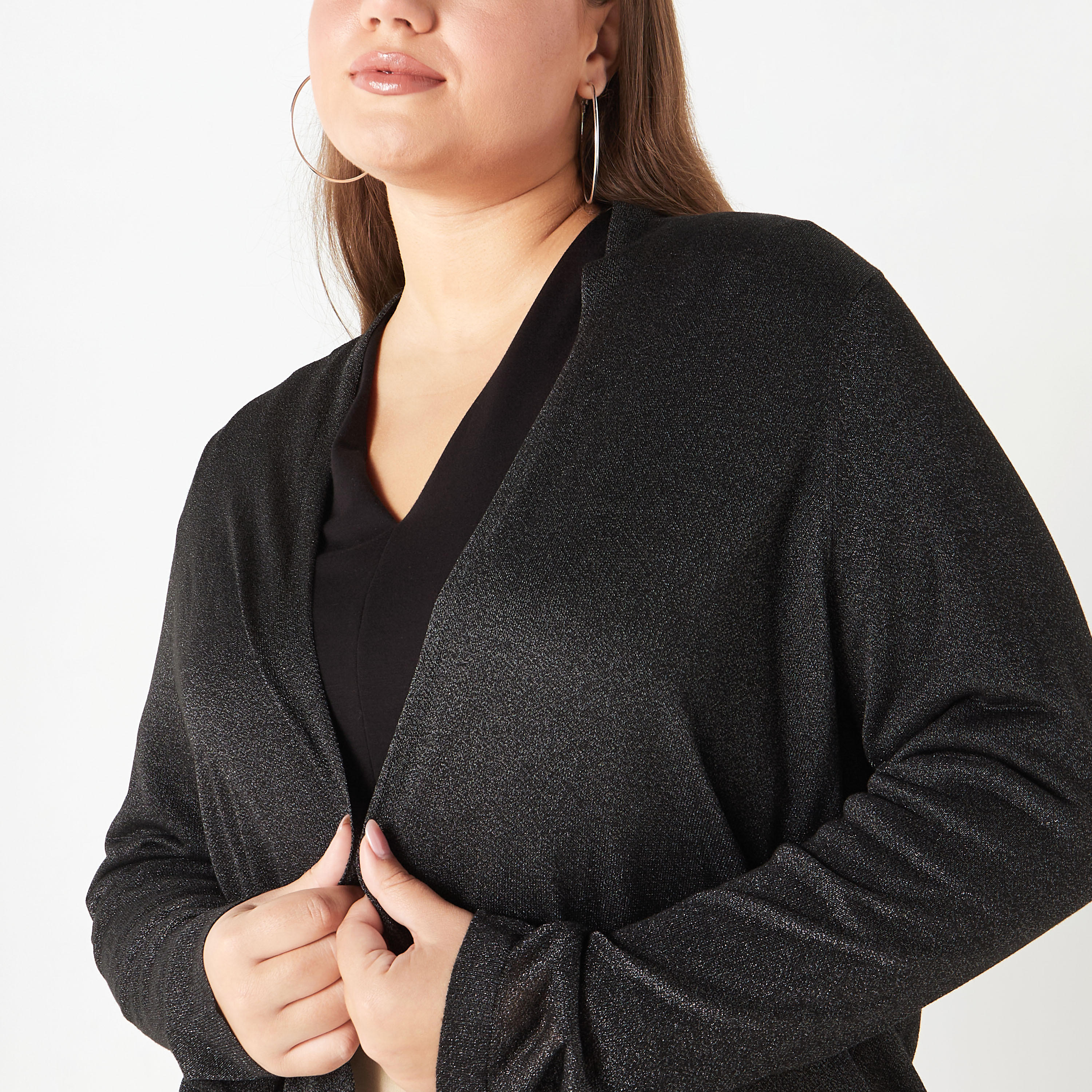 Plus Size Ulla Popken Textured Open Front Shrug with Long Sleeves and Pockets-women-winterwear-cardigansandjumpers-cardigans-image-9