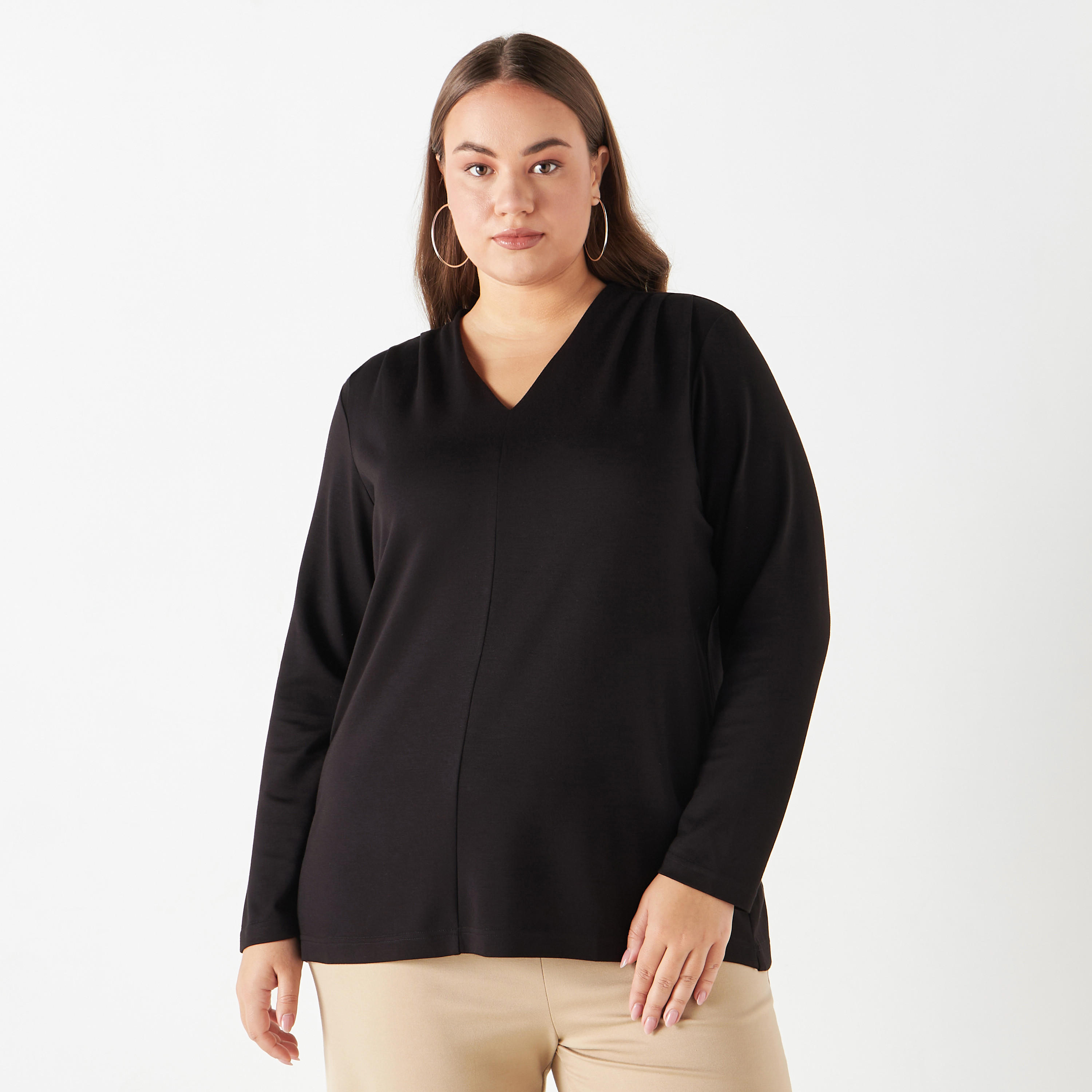 Plus Size Ulla Popken V-neck Top with Long Sleeves-women-clothing-tshirts-image-1