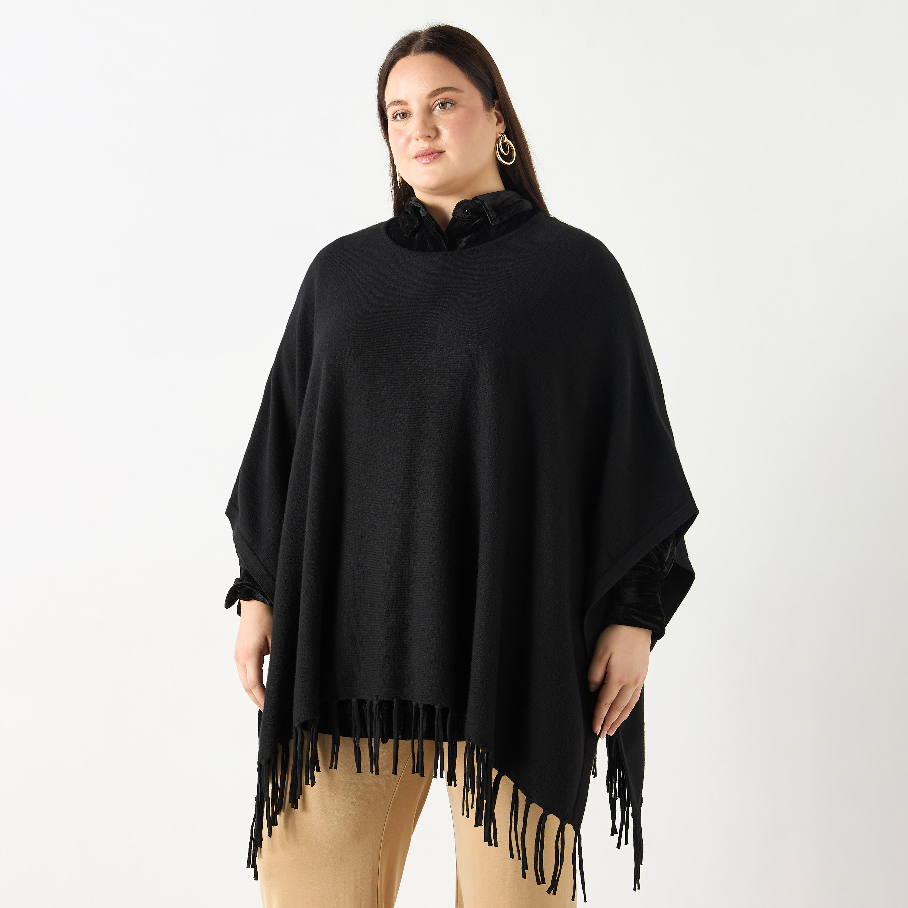 Plus Size Ulla Popken Solid Round Neck Poncho with Tassels-women-winterwear-cardigansandjumpers-cardigans-image-6