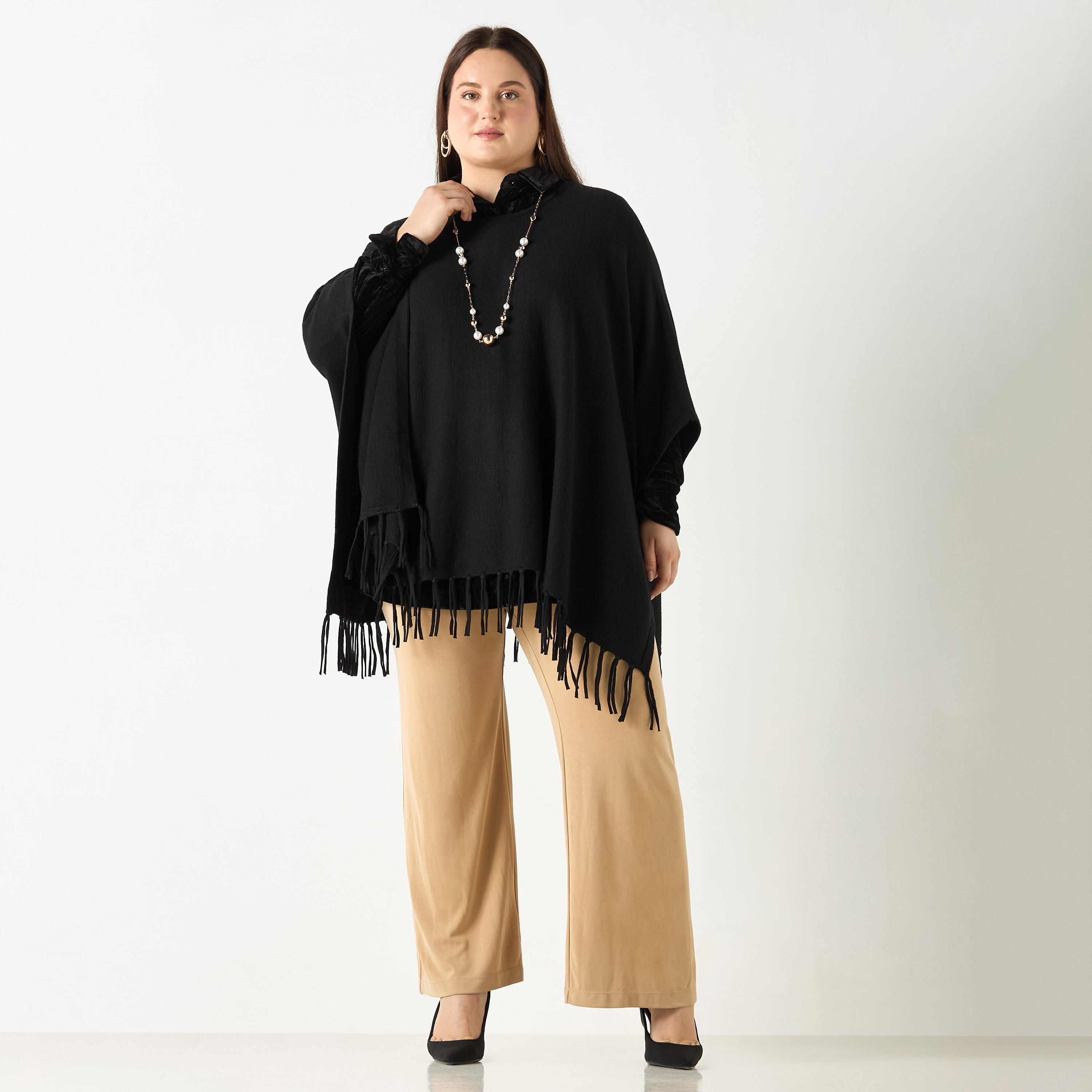 Plus Size Ulla Popken Solid Round Neck Poncho with Tassels-women-winterwear-cardigansandjumpers-cardigans-image-7