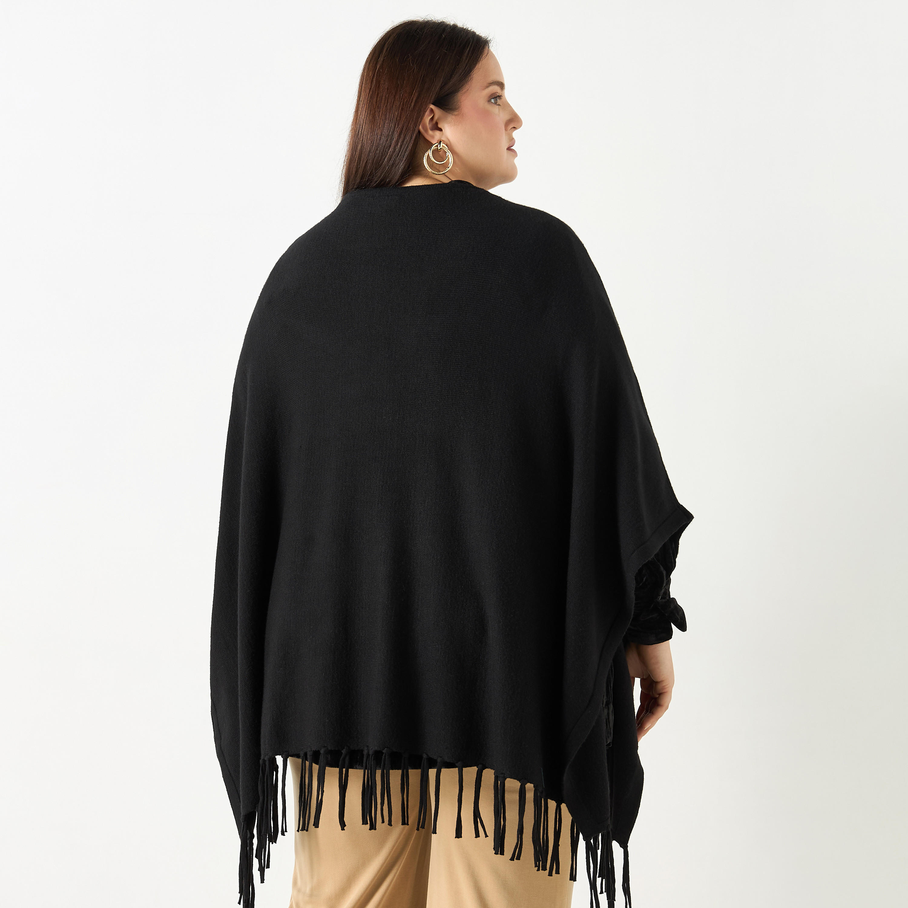 Plus Size Ulla Popken Solid Round Neck Poncho with Tassels-women-winterwear-cardigansandjumpers-cardigans-image-8