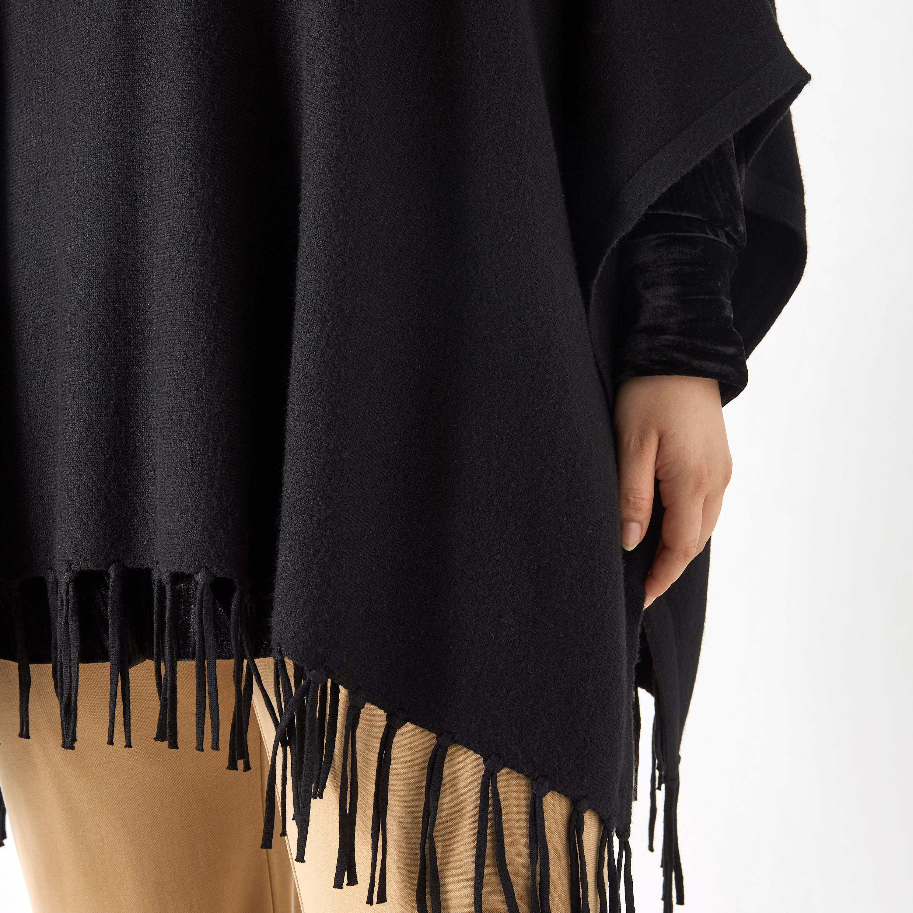 Plus Size Ulla Popken Solid Round Neck Poncho with Tassels-women-winterwear-cardigansandjumpers-cardigans-image-9