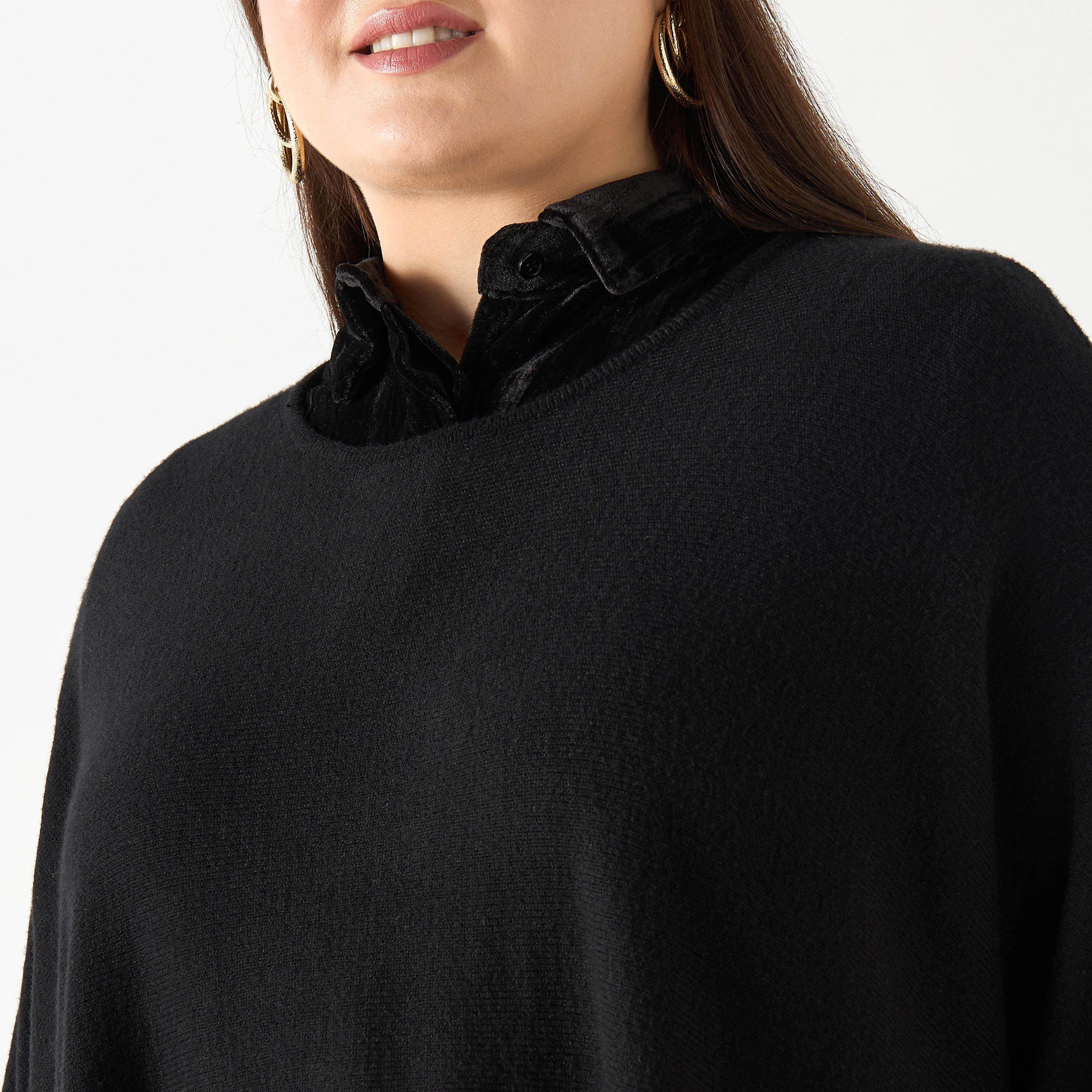 Plus Size Ulla Popken Solid Round Neck Poncho with Tassels-women-winterwear-cardigansandjumpers-cardigans-image-10