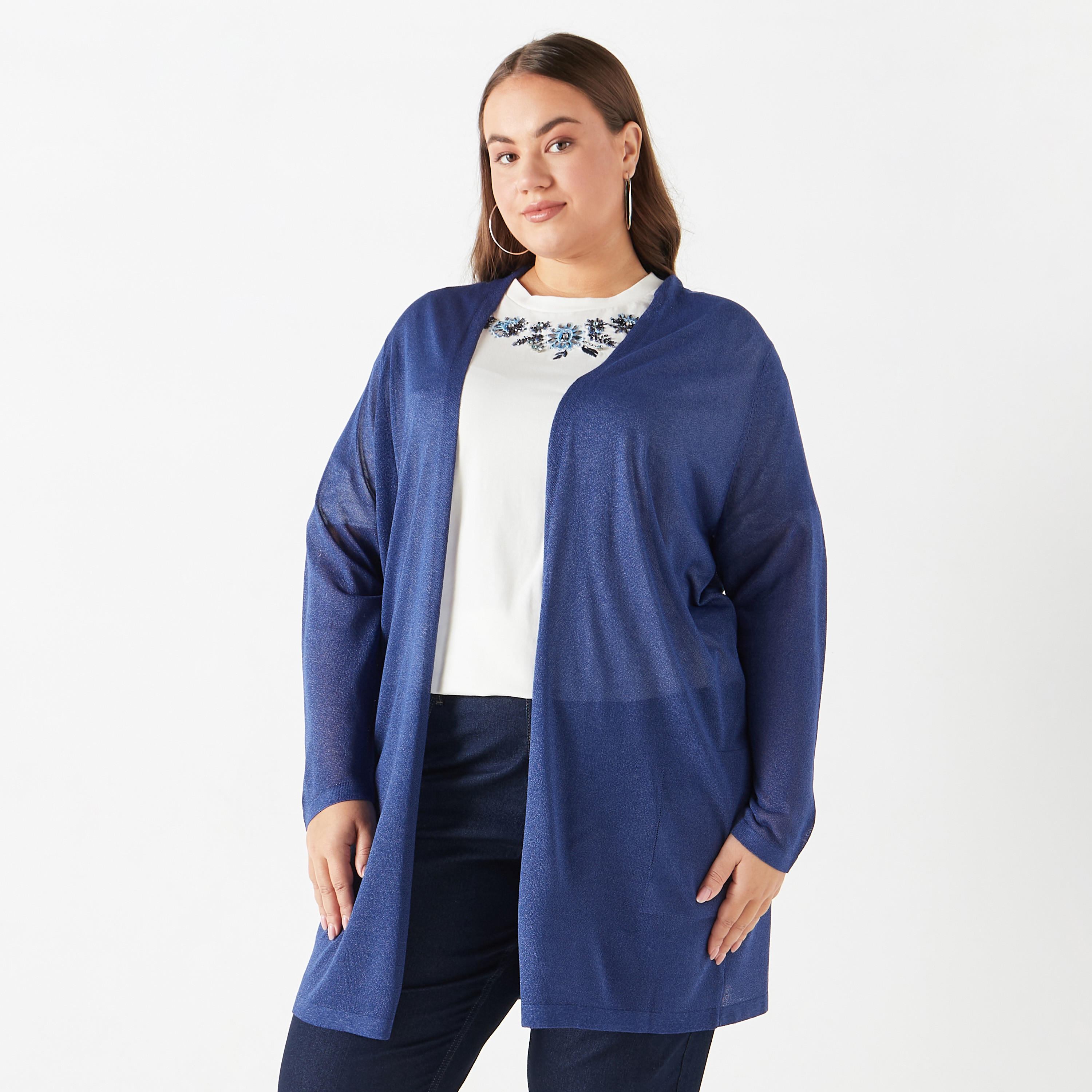 Plus Size Ulla Popken Textured Open Front Shrug with Long Sleeves and Pockets-women-winterwear-cardigansandjumpers-cardigans-image-1