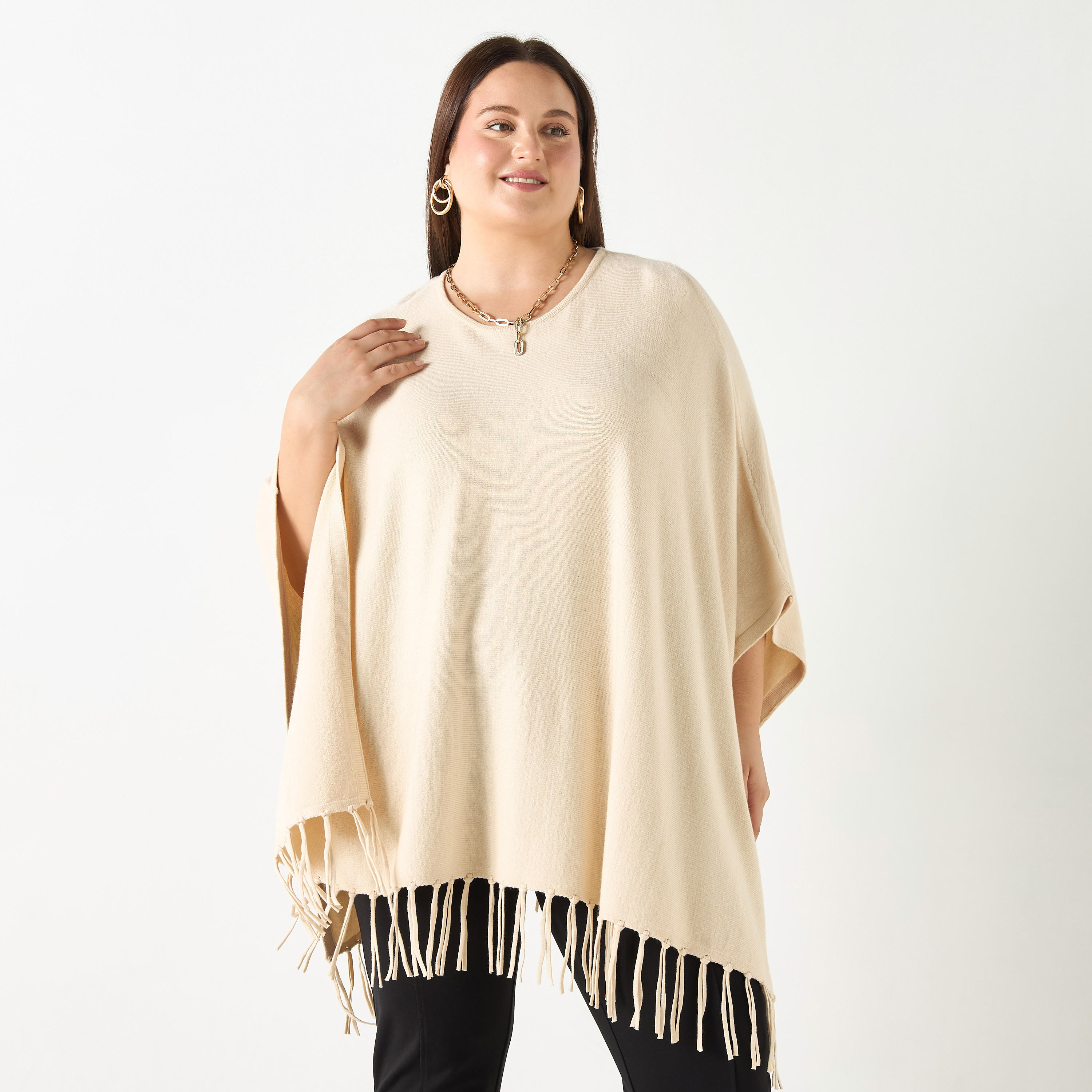 Plus Size Ulla Popken Solid Round Neck Poncho with Tassels-women-winterwear-cardigansandjumpers-cardigans-image-1