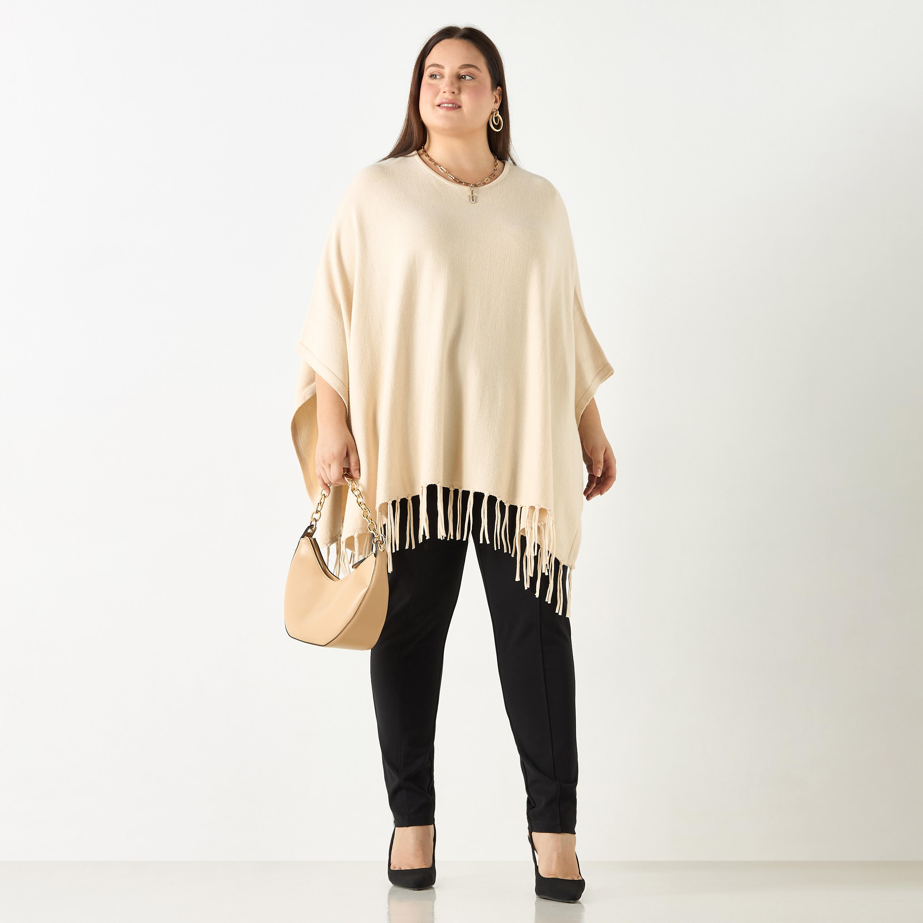Plus Size Ulla Popken Solid Round Neck Poncho with Tassels-women-winterwear-cardigansandjumpers-cardigans-image-2