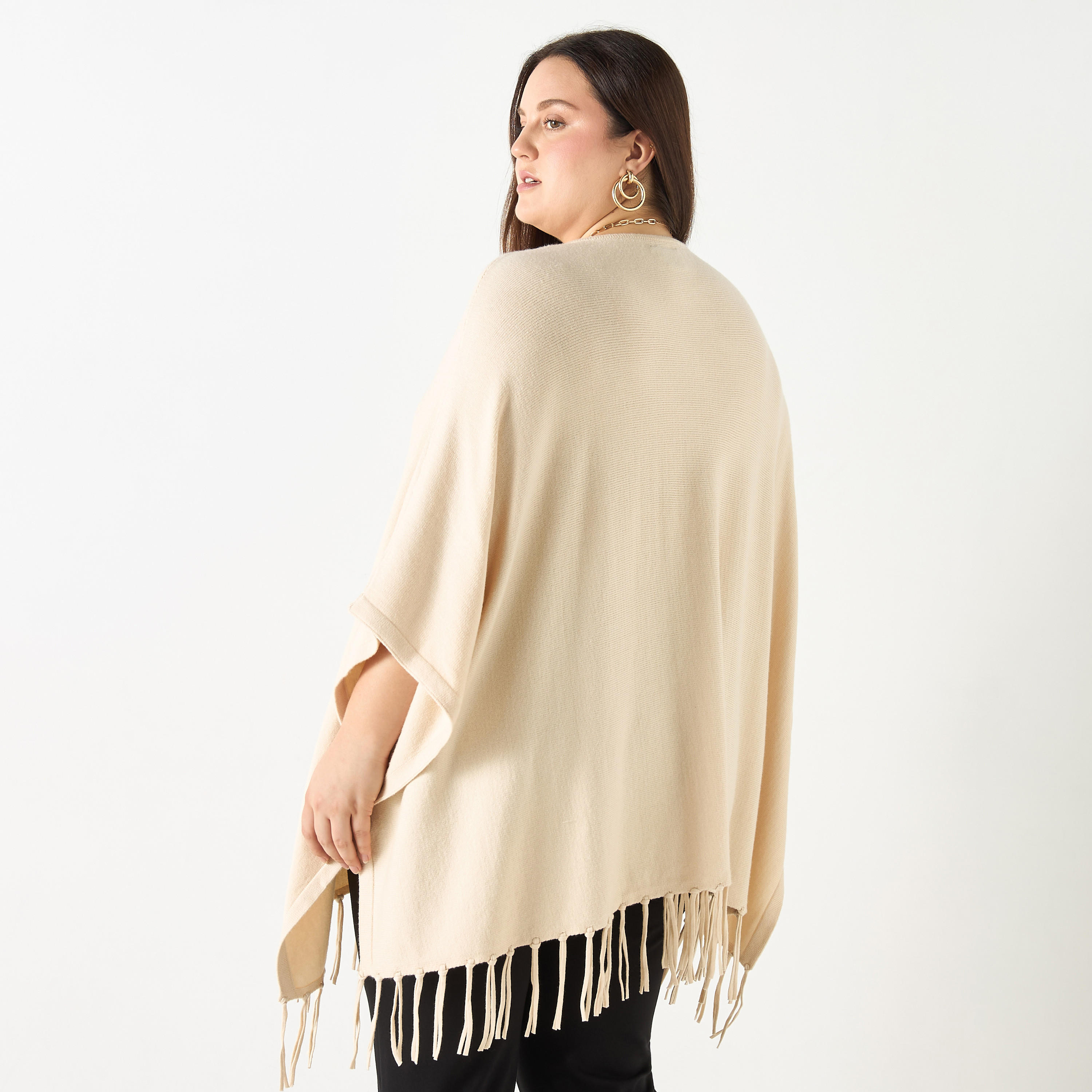 Plus Size Ulla Popken Solid Round Neck Poncho with Tassels-women-winterwear-cardigansandjumpers-cardigans-image-3