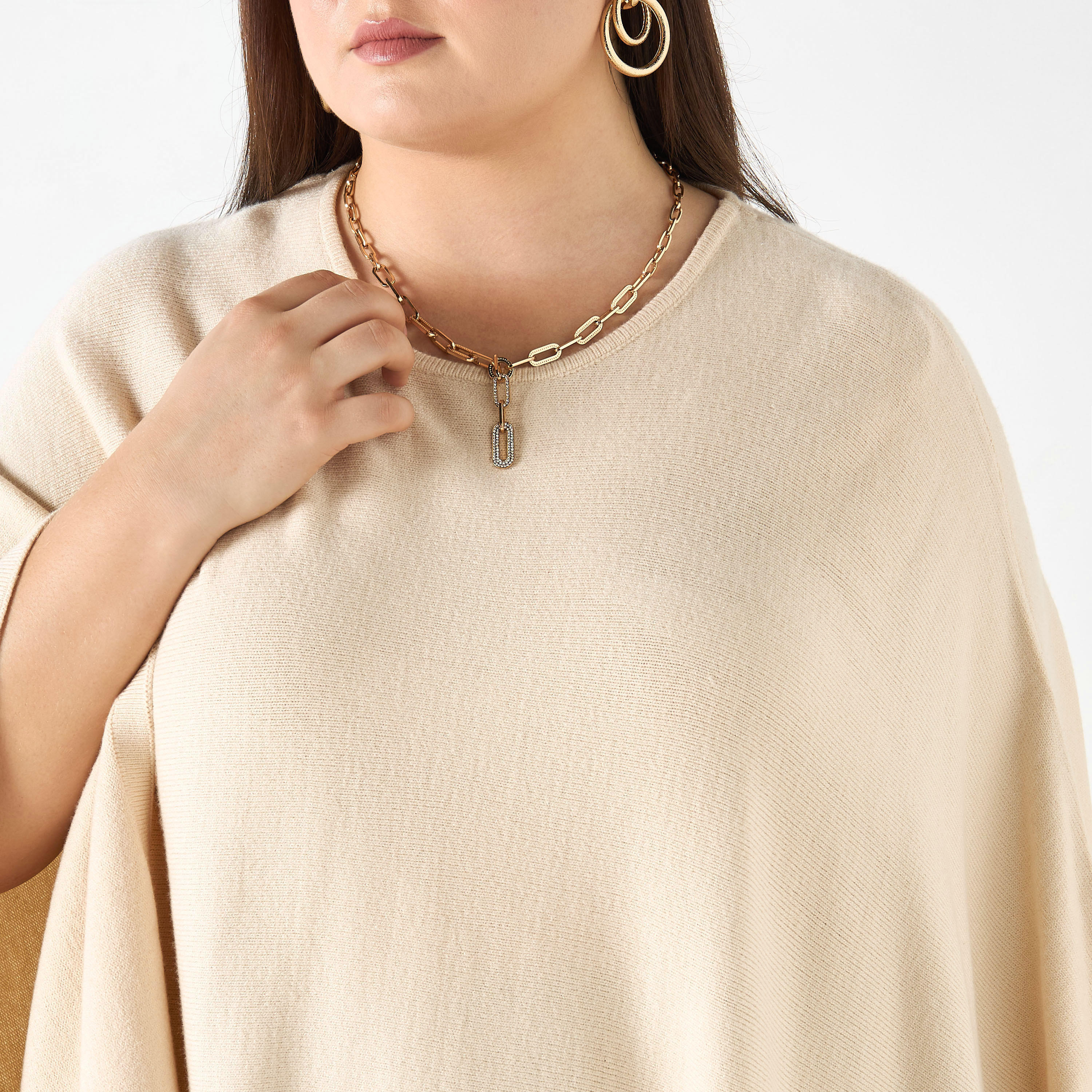 Plus Size Ulla Popken Solid Round Neck Poncho with Tassels-women-winterwear-cardigansandjumpers-cardigans-image-4