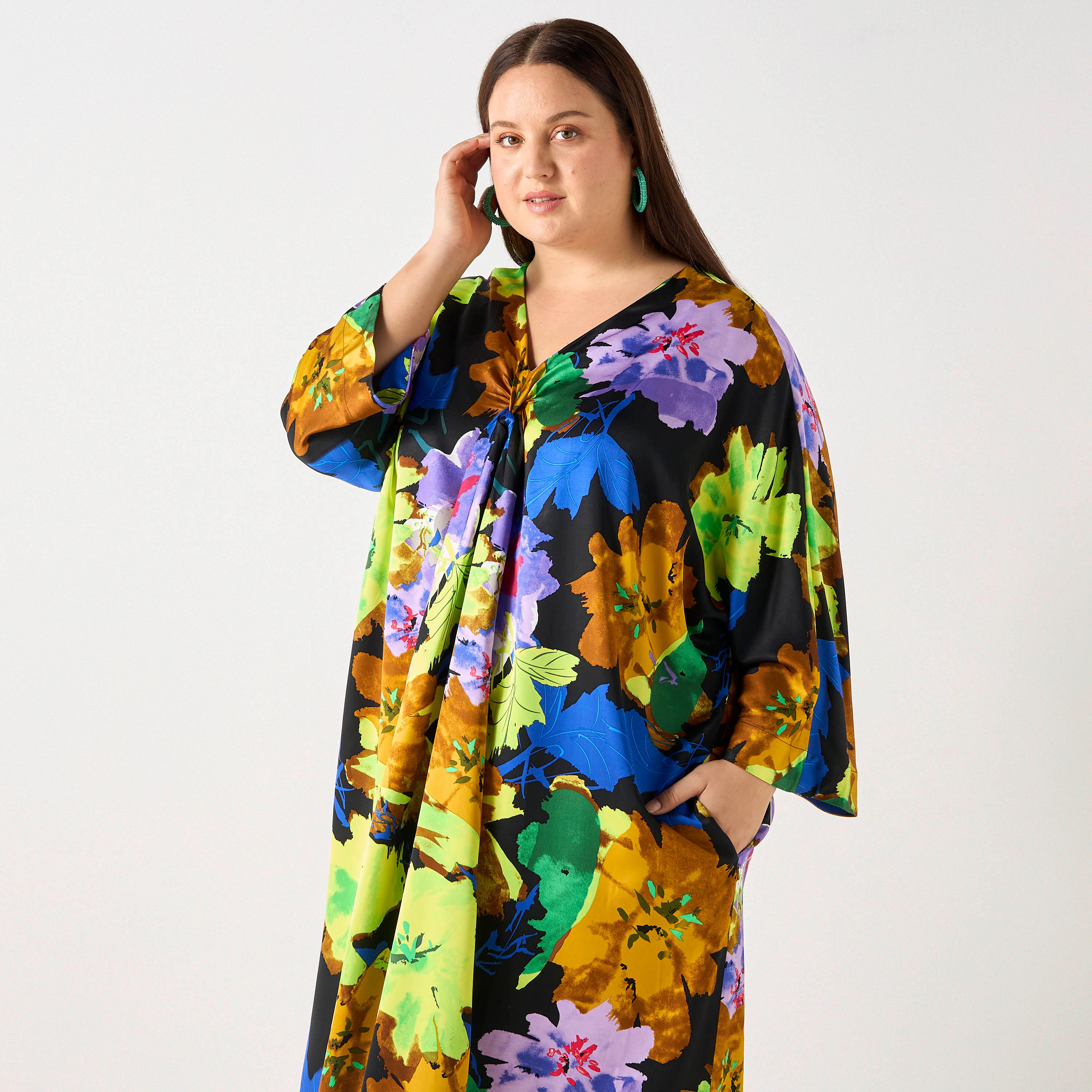 Plus Size Ulla Popken Floral Print Kaftan Viscose Dress with Pockets-women-clothing-dresses-image-2