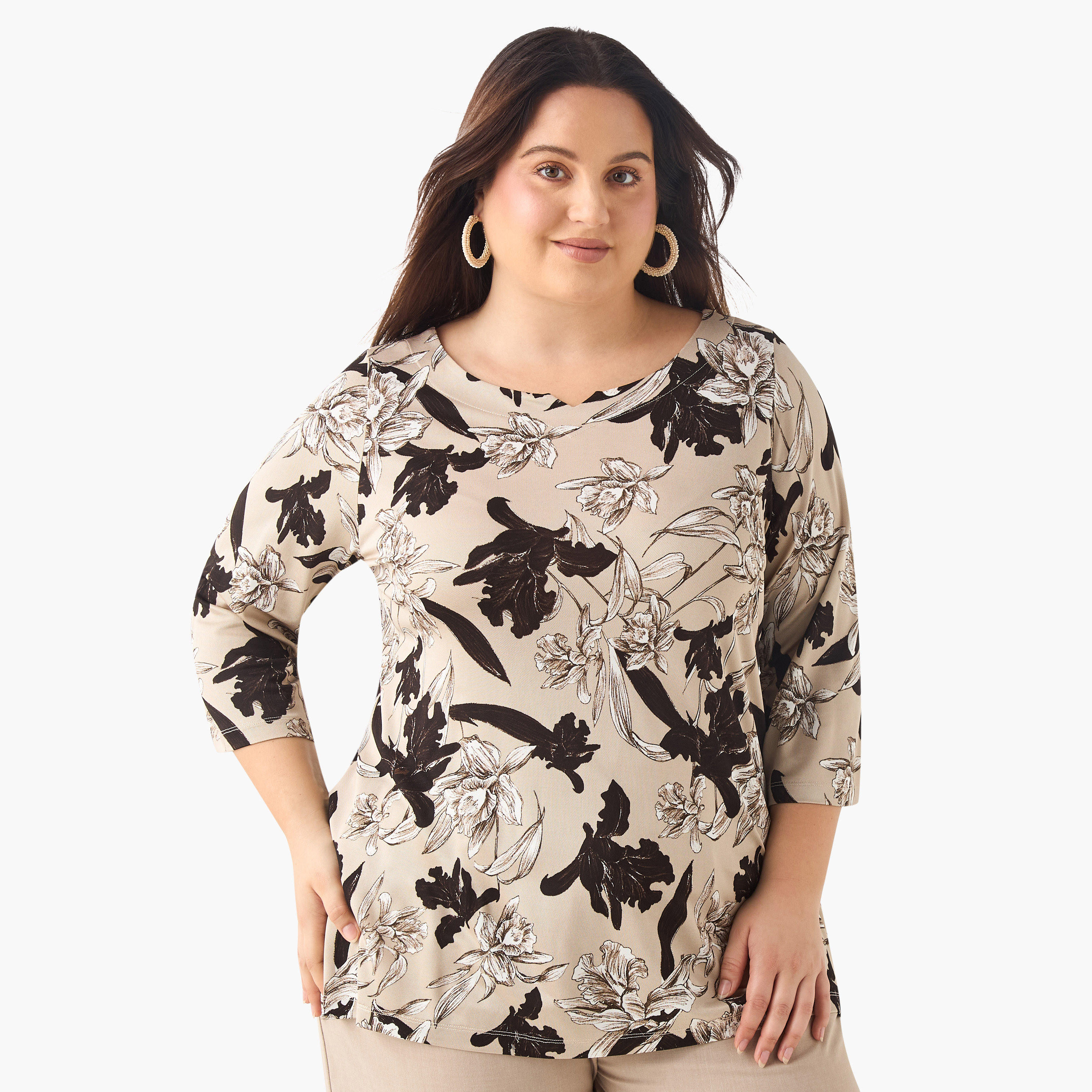 Plus Size Ulla Popken Printed Top with Round Neck and 3/4 Sleeves-women-clothing-tshirts-image-1