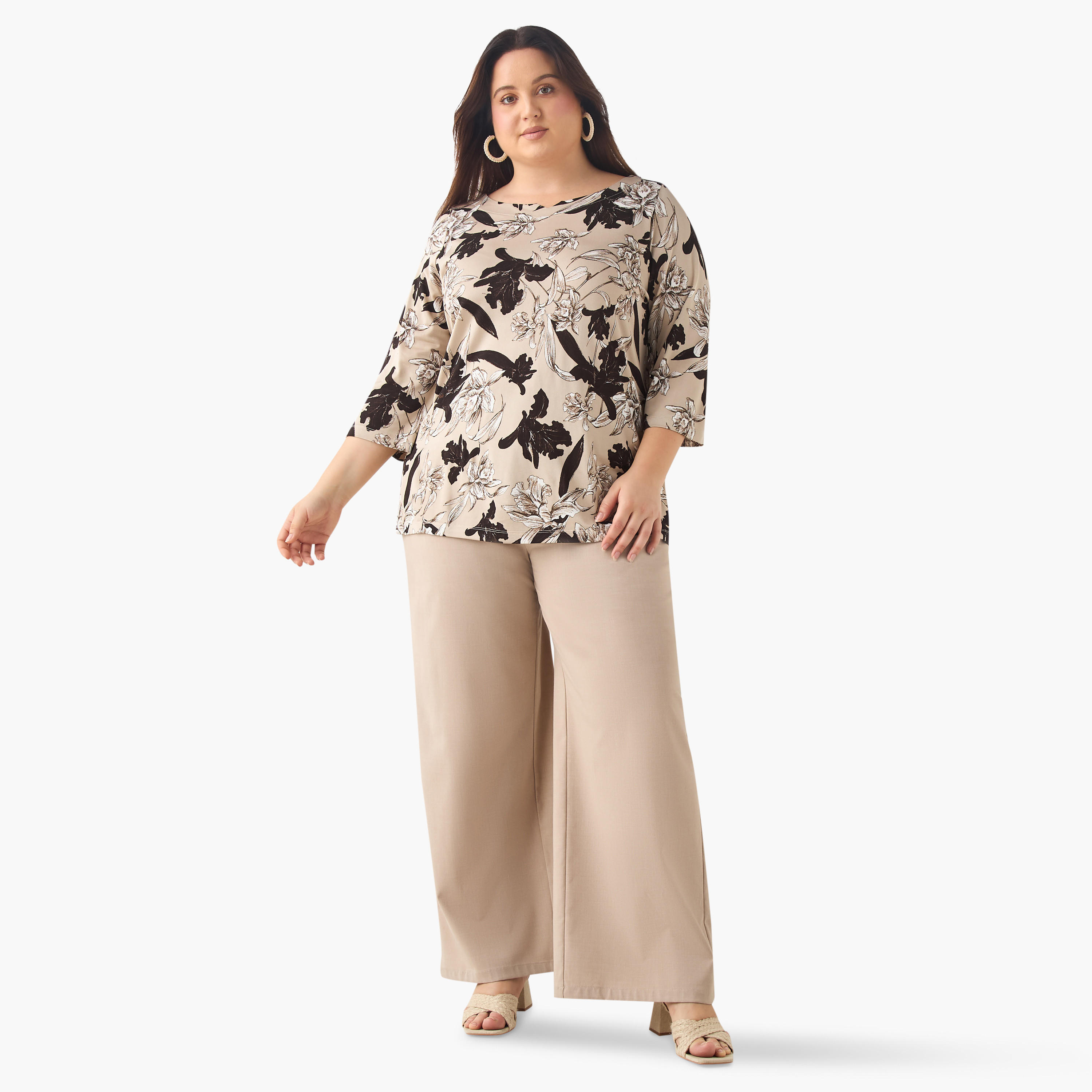 Plus Size Ulla Popken Printed Top with Round Neck and 3/4 Sleeves-women-clothing-tshirts-image-2