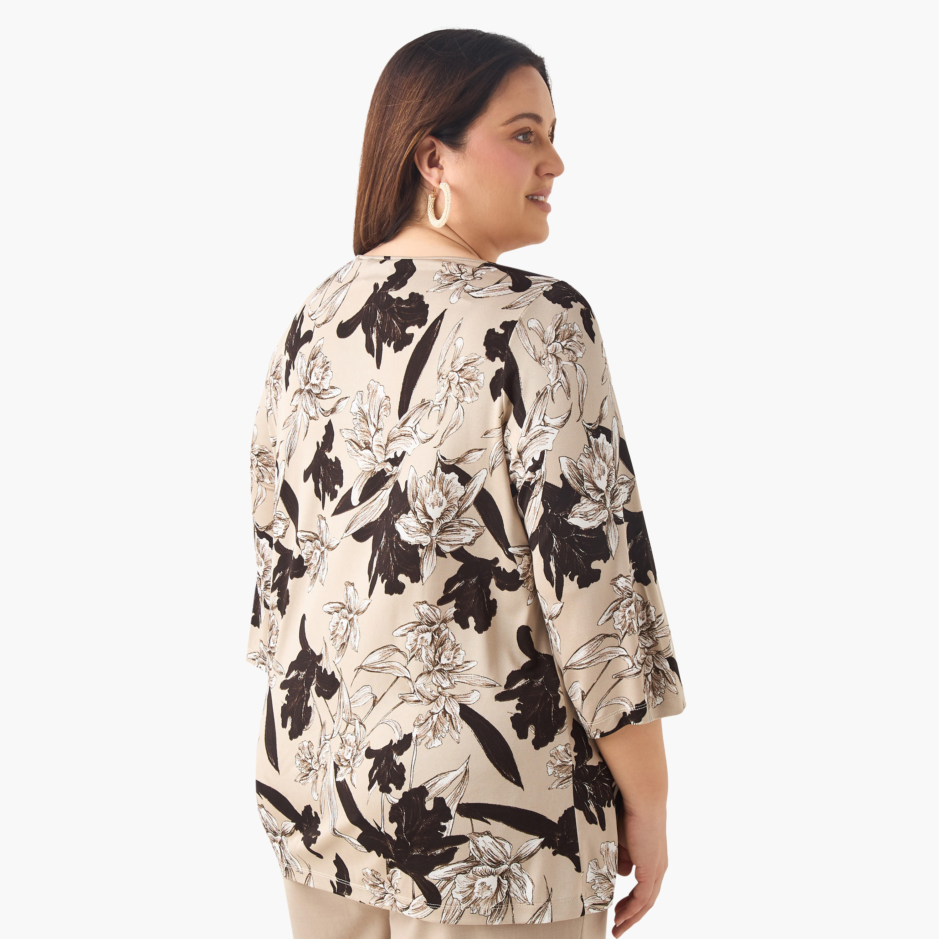 Plus Size Ulla Popken Printed Top with Round Neck and 3/4 Sleeves-women-clothing-tshirts-image-3