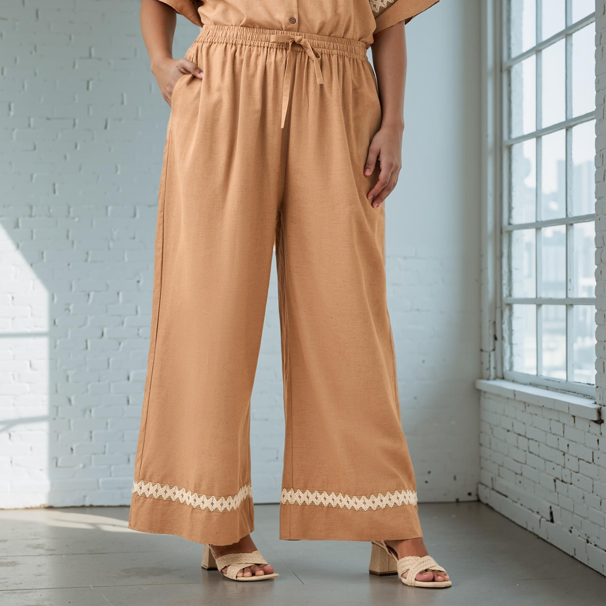 Plus Size Ulla Popken Lace Detail Wide Leg Flexi Waist Pants with Pockets-women-clothing-trousers-image-1