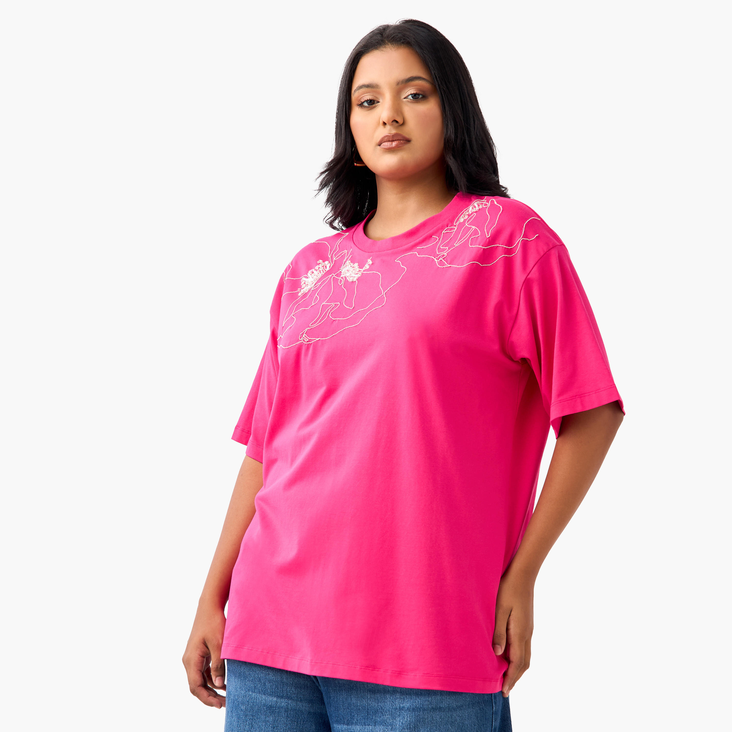 Plus Size Ulla Popken Embellished T-shirt with Short Sleeves-women-clothing-tshirts-image-1