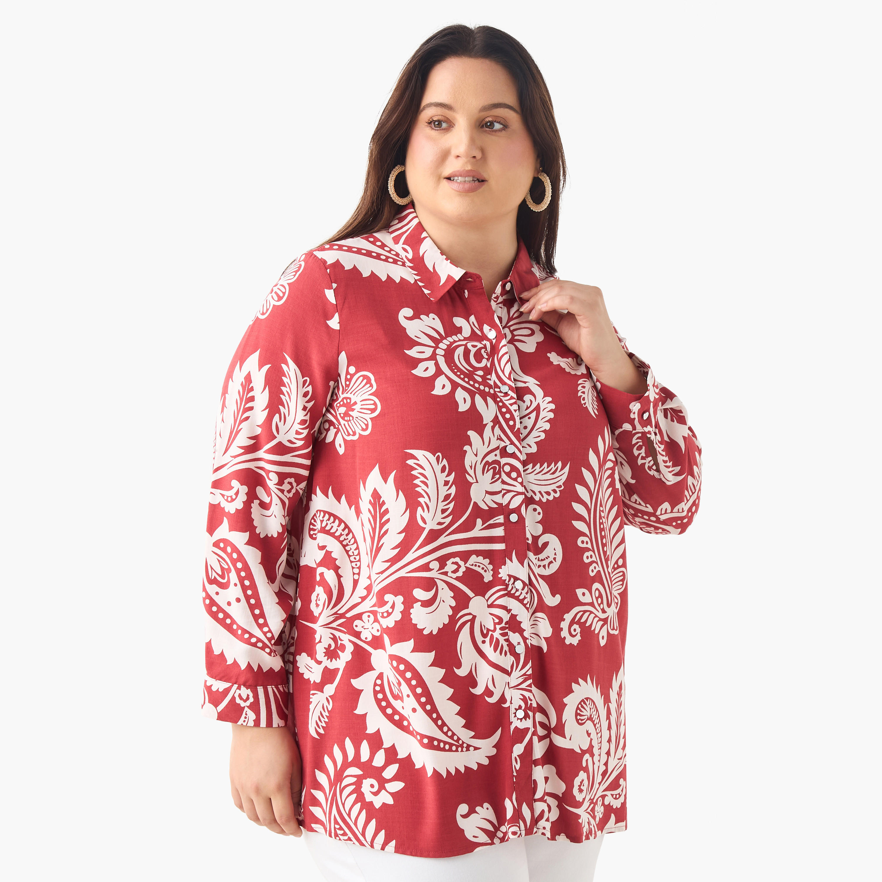 Plus Size Ulla Popken Printed Viscose Shirt with Collar and Long Sleeves-women-clothing-shirtsandblouses-shirts-image-1