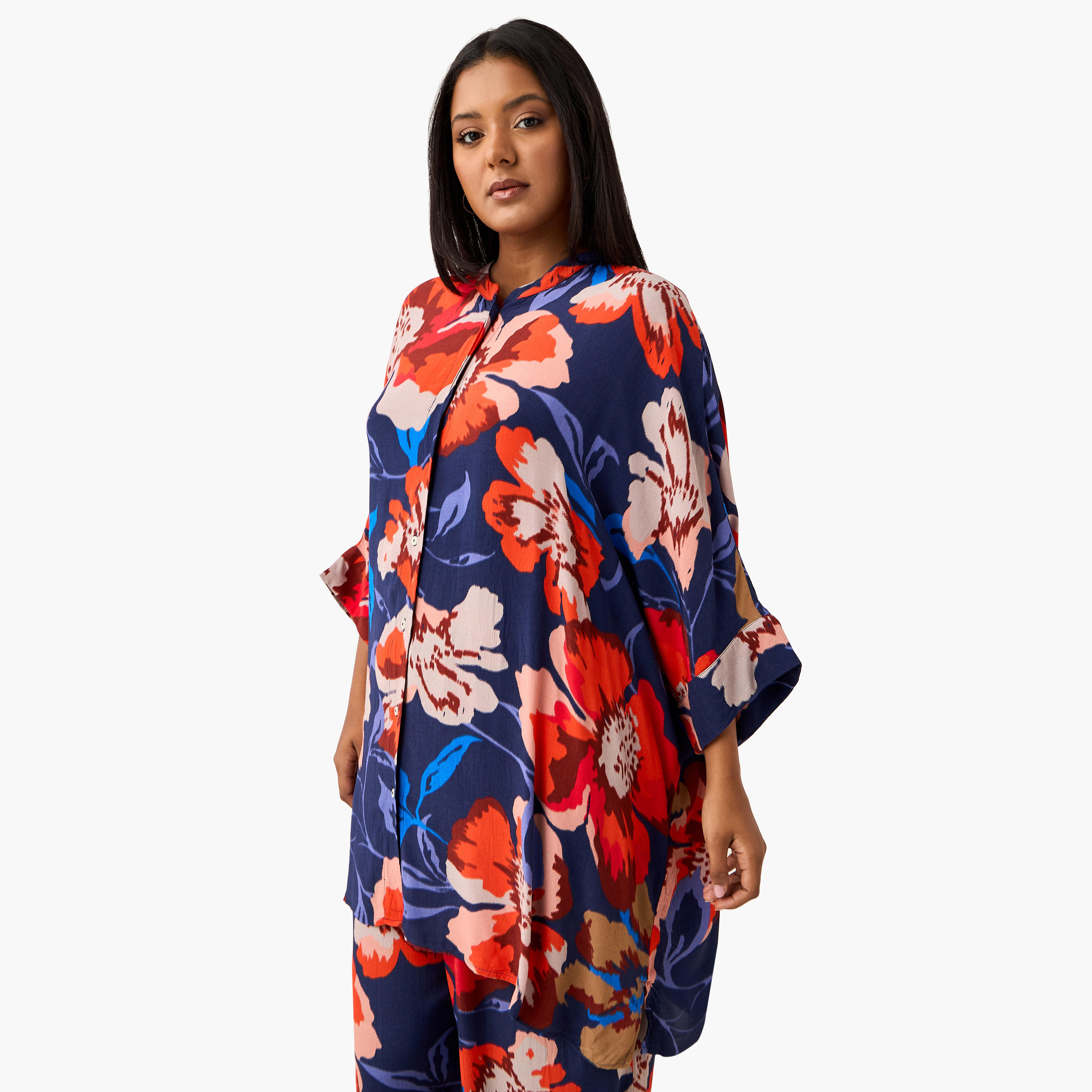 Plus Size Ulla Popken All-Over Floral Print Viscose Top with 3/4 Sleeves-women-clothing-shirtsandblouses-blouses-image-1