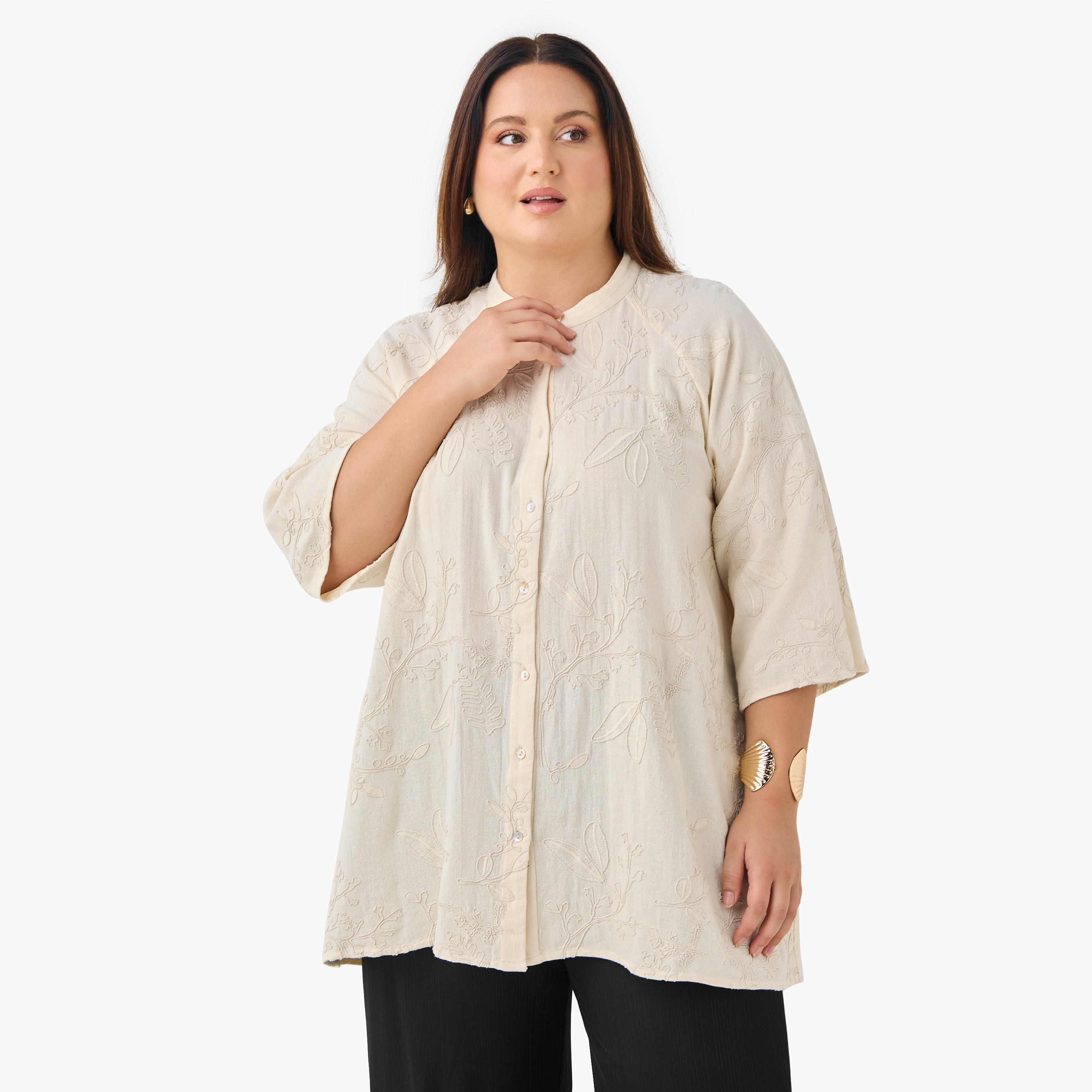 Plus Size Ulla Popken Embroidered Shirt with 3/4 Sleeves-women-clothing-shirtsandblouses-shirts-image-1