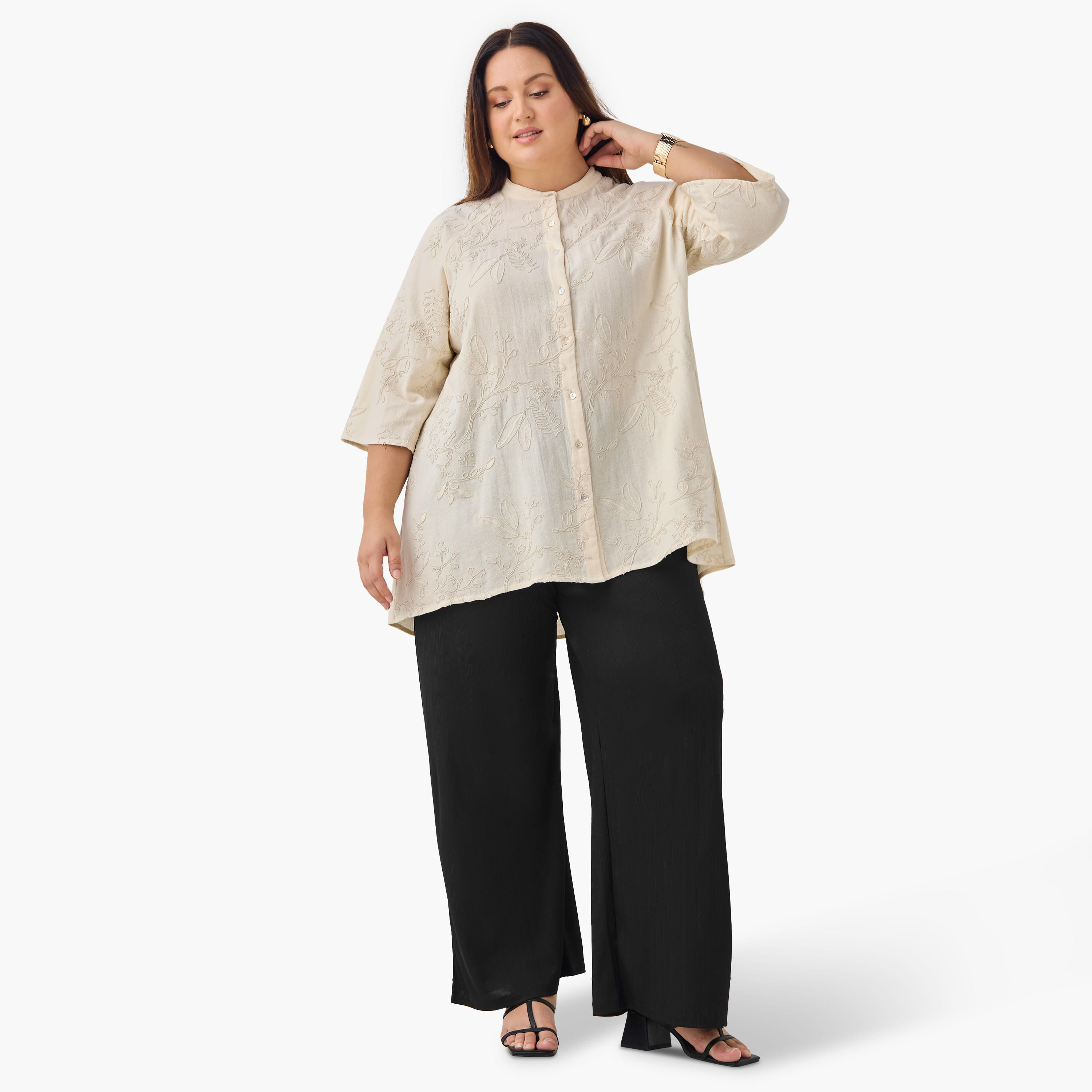 Plus Size Ulla Popken Embroidered Shirt with 3/4 Sleeves-women-clothing-shirtsandblouses-shirts-image-2