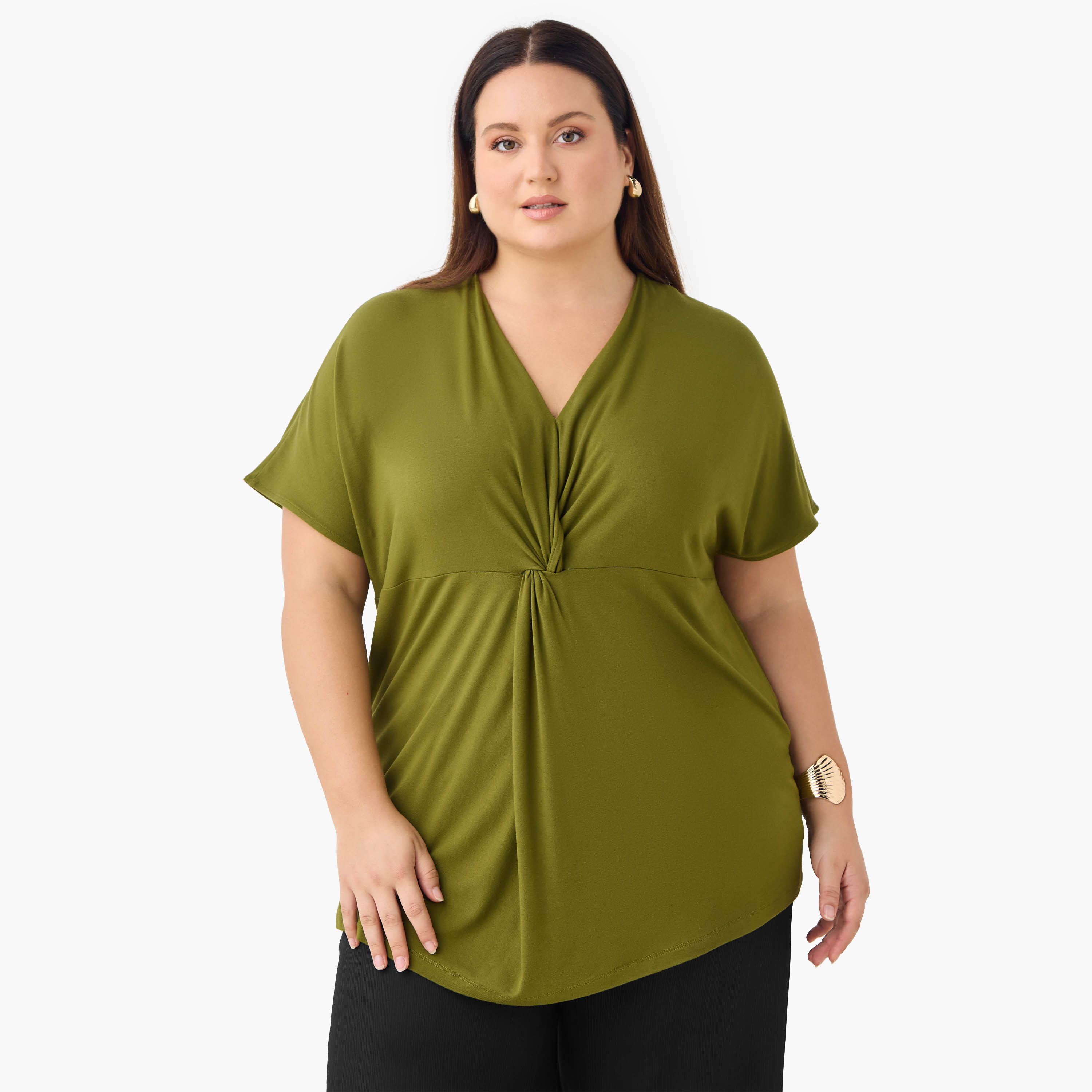 Plus Size Ulla Popken Knot Detail V-neck Top-women-clothing-shirtsandblouses-blouses-image-1