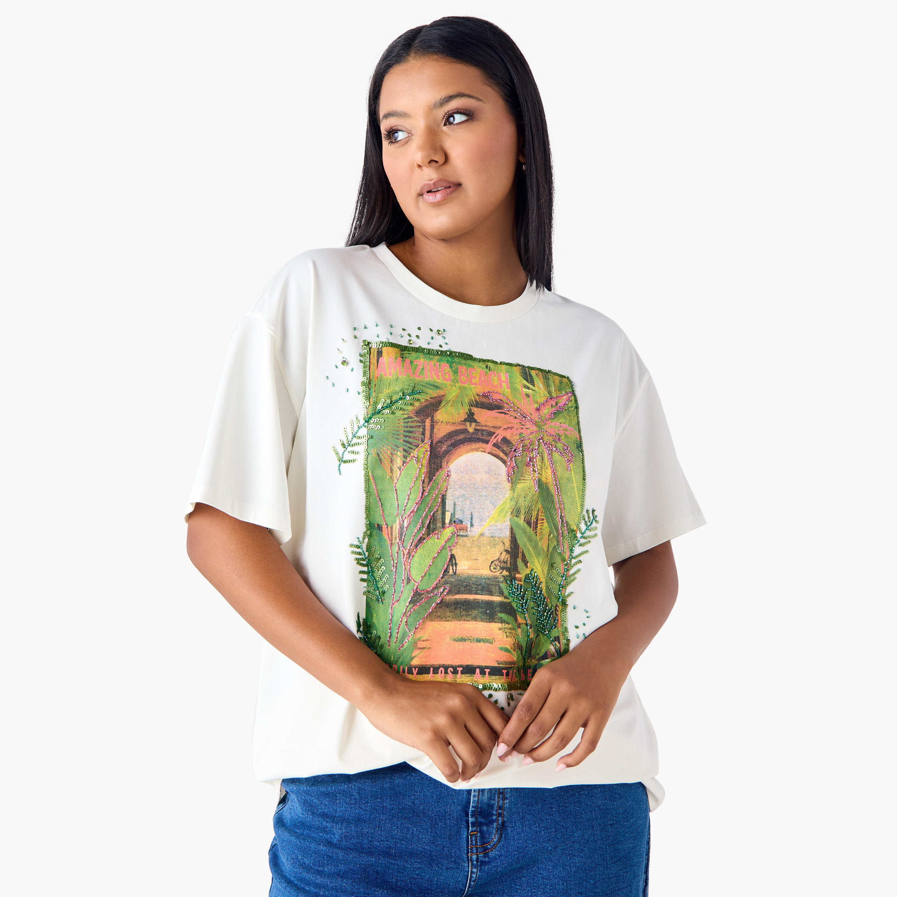 Plus Size Ulla Popken Graphic Print T-shirt with Embellishment-women-clothing-tshirts-image-1