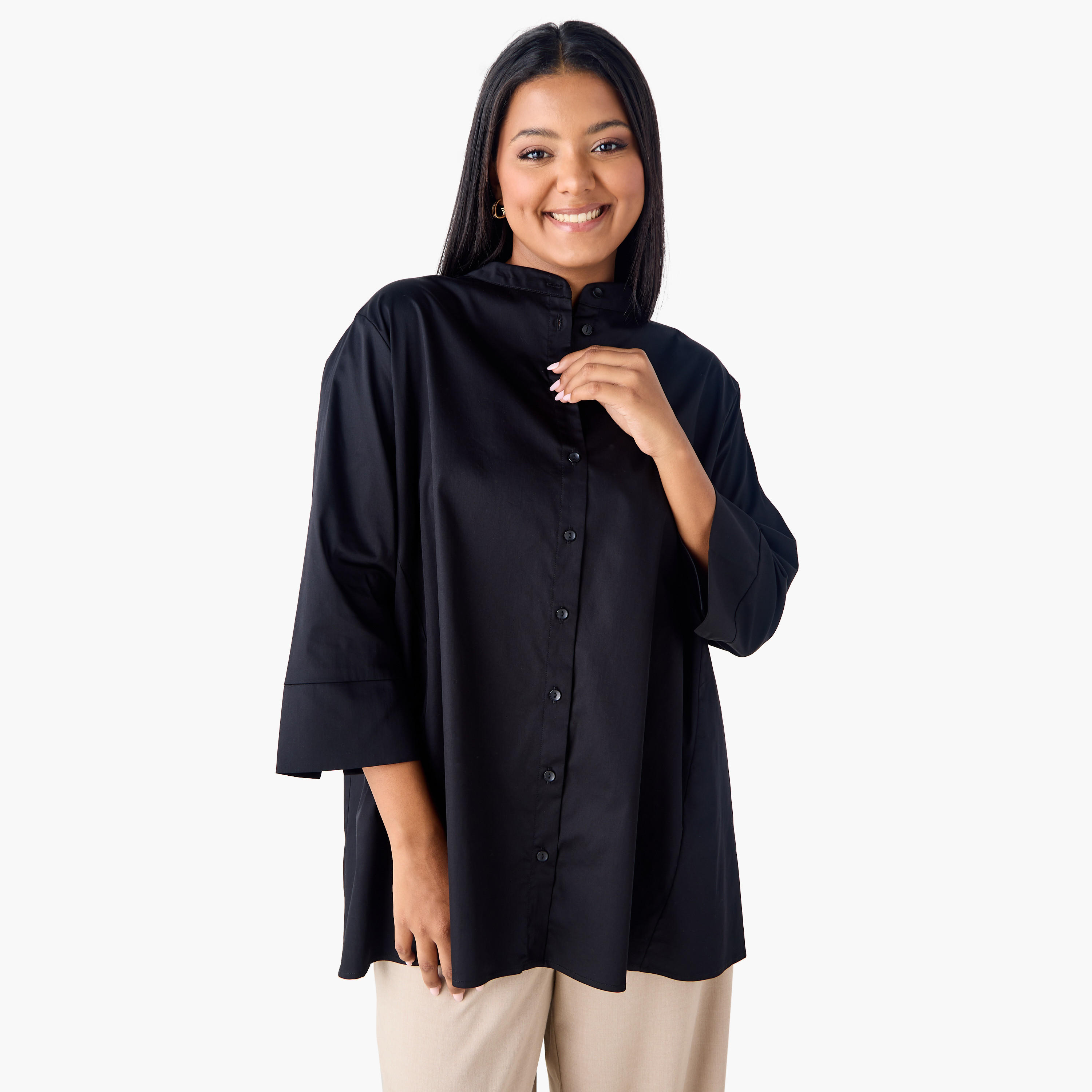 Plus Size Ulla Popken Shirt with Mandarin Collar and 3/4 Sleeves-women-clothing-shirtsandblouses-shirts-image-1