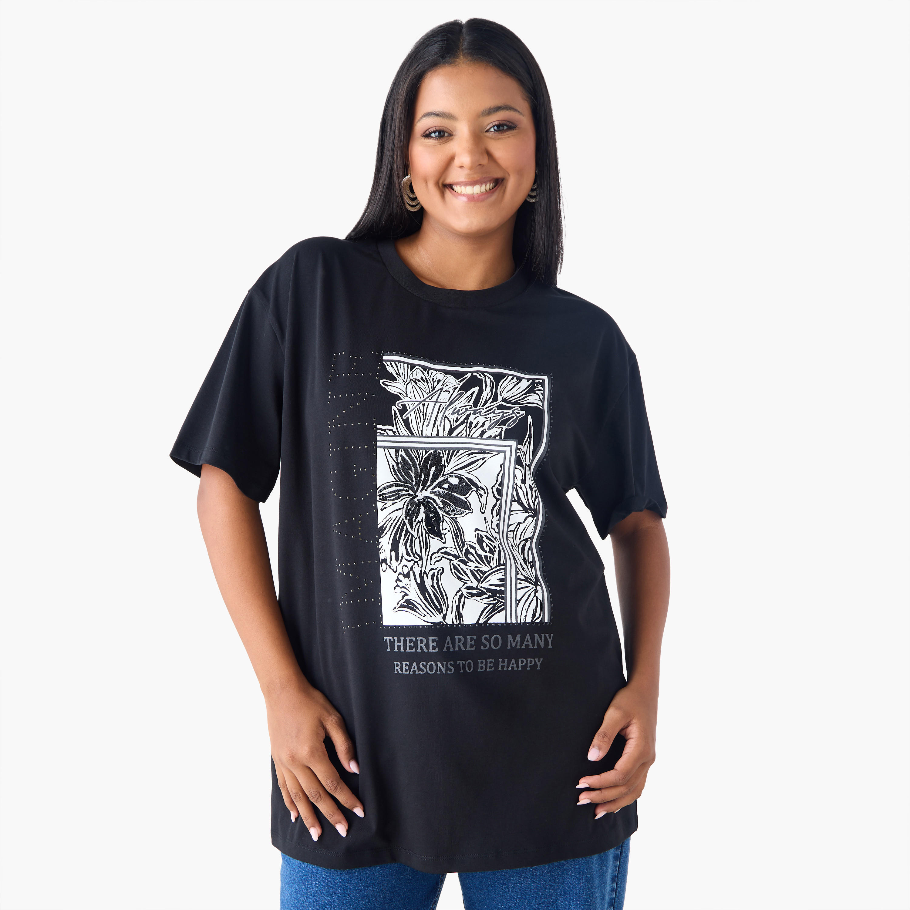 Plus Size Ulla Popken Printed T-shirt with Rhinestone Embellishment-women-clothing-tshirts-image-1