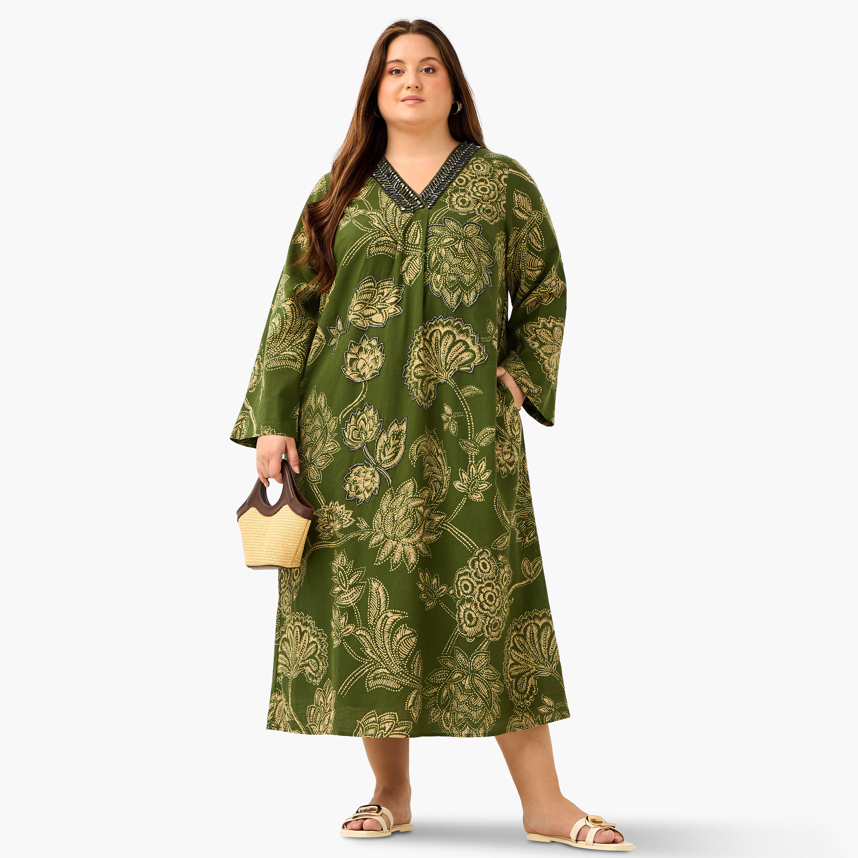 فستان قفطان قطن مقاس كبير بطبعات زهرية وياقة مزينة من أولا بوبكن-women-clothing-dresses-image-2