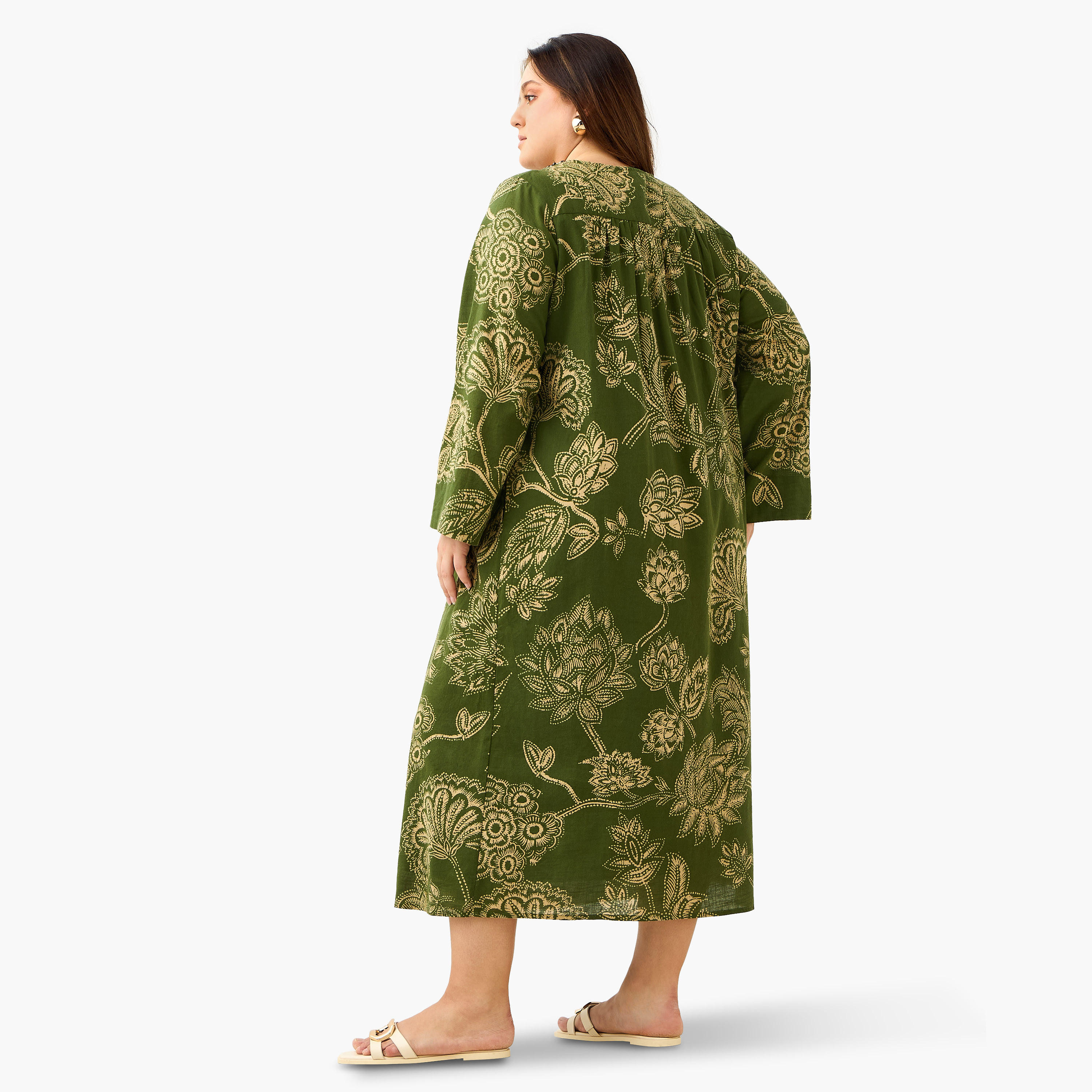 فستان قفطان قطن مقاس كبير بطبعات زهرية وياقة مزينة من أولا بوبكن-women-clothing-dresses-image-3