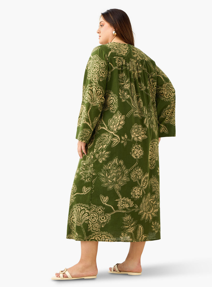 فستان قفطان قطن مقاس كبير بطبعات زهرية وياقة مزينة من أولا بوبكن-women-clothing-dresses-image-3