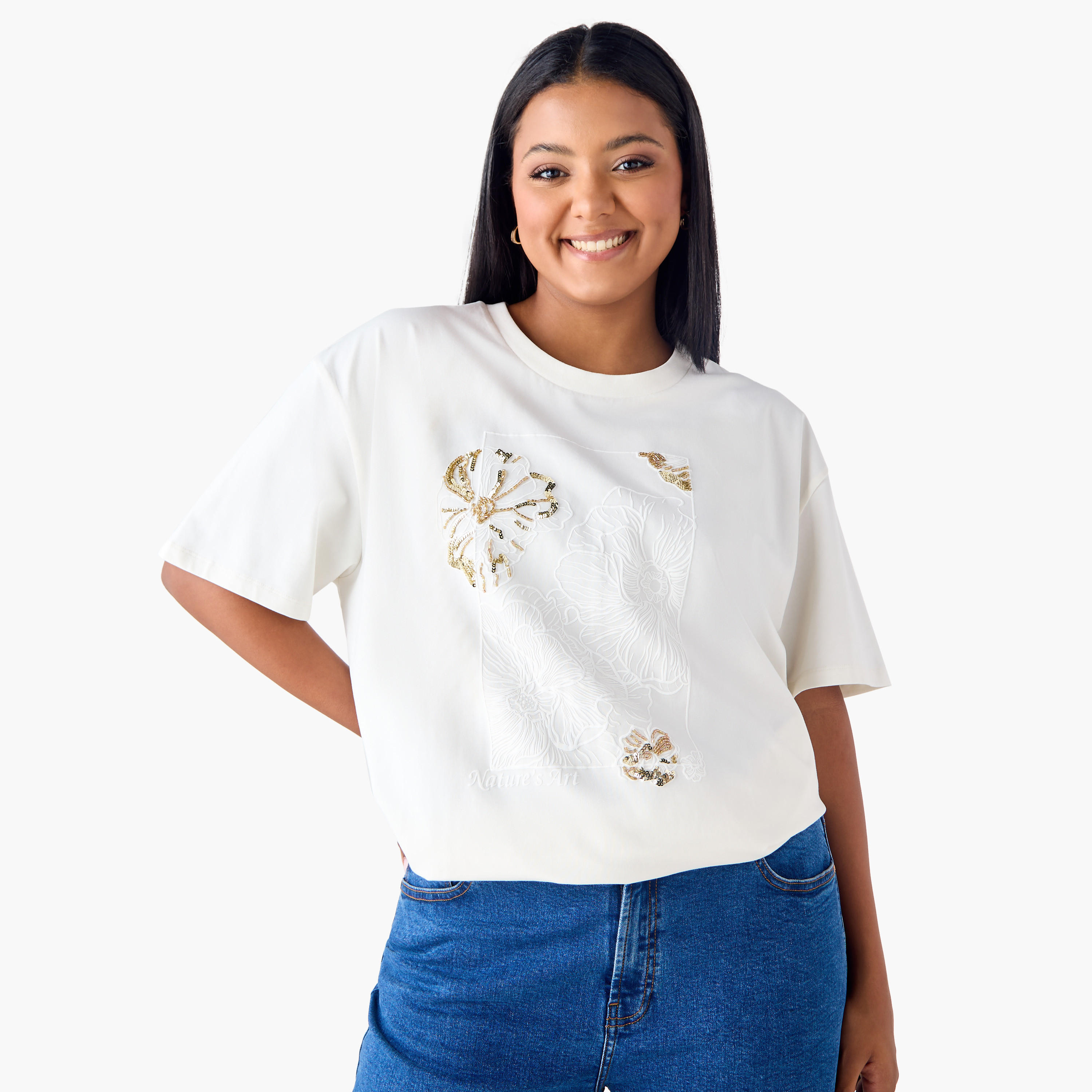 Plus Size Ulla Popken Floral Embellished T-shirt with Crew Neck-women-clothing-tshirts-image-1