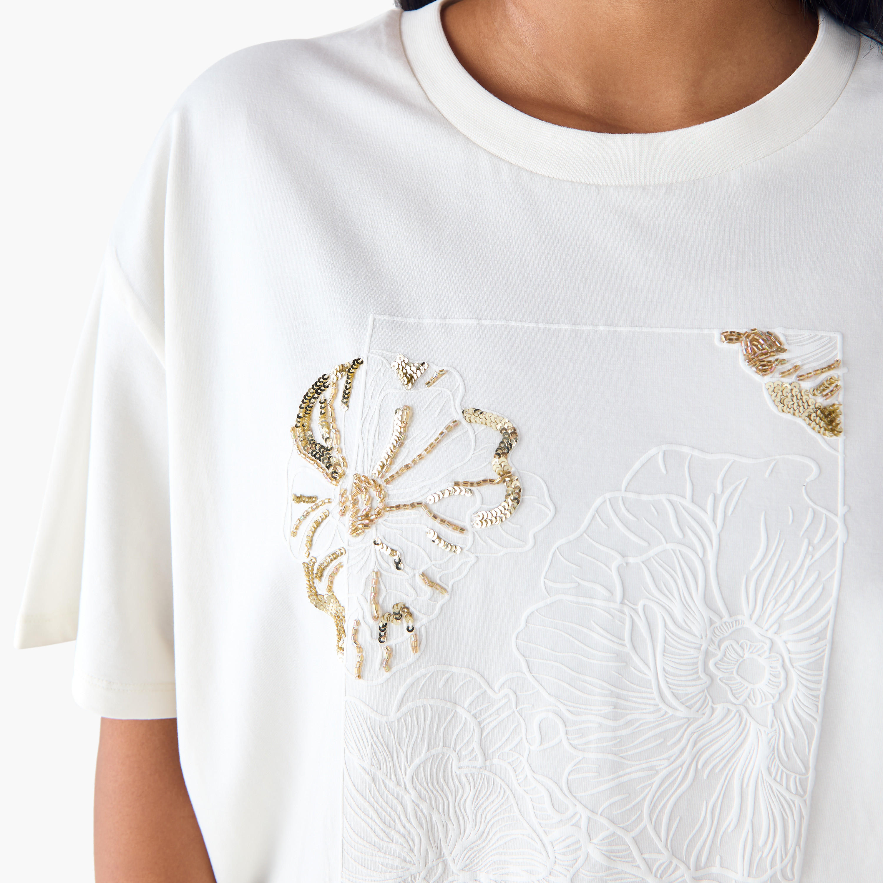 Plus Size Ulla Popken Floral Embellished T-shirt with Crew Neck-women-clothing-tshirts-image-4