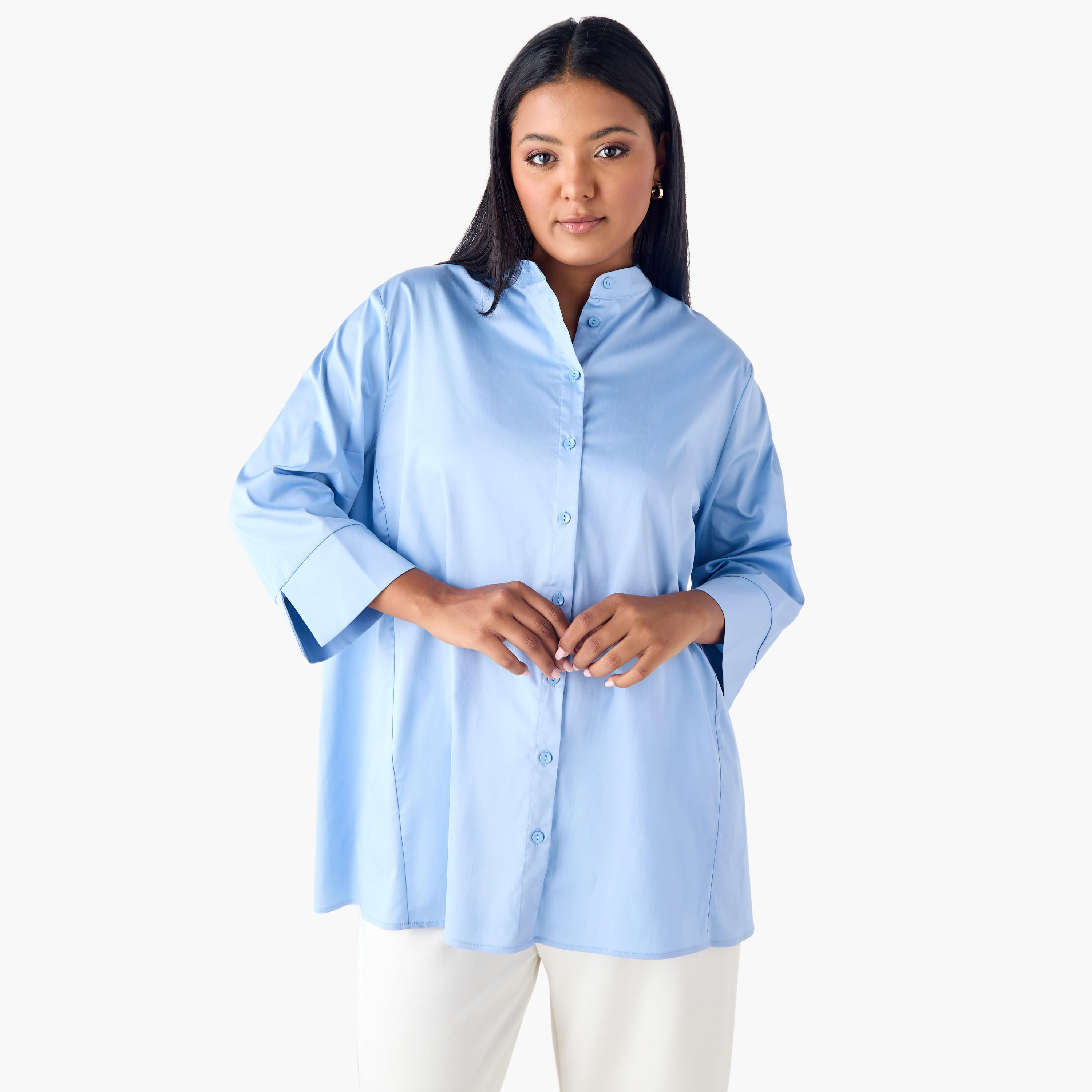 Plus Size Ulla Popken Shirt with Mandarin Collar and 3/4 Sleeves-women-clothing-shirtsandblouses-shirts-image-1