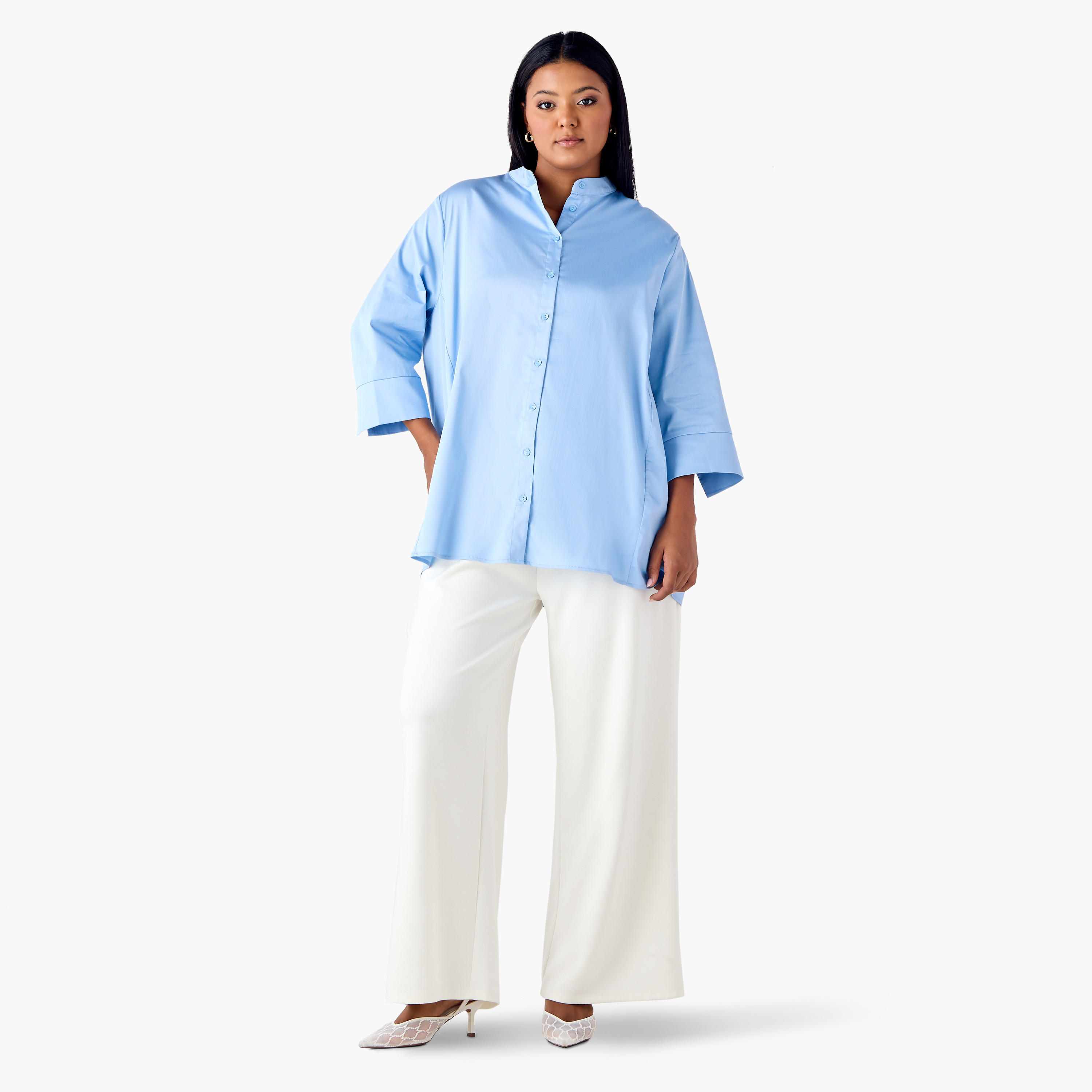 Plus Size Ulla Popken Shirt with Mandarin Collar and 3/4 Sleeves-women-clothing-shirtsandblouses-shirts-image-2