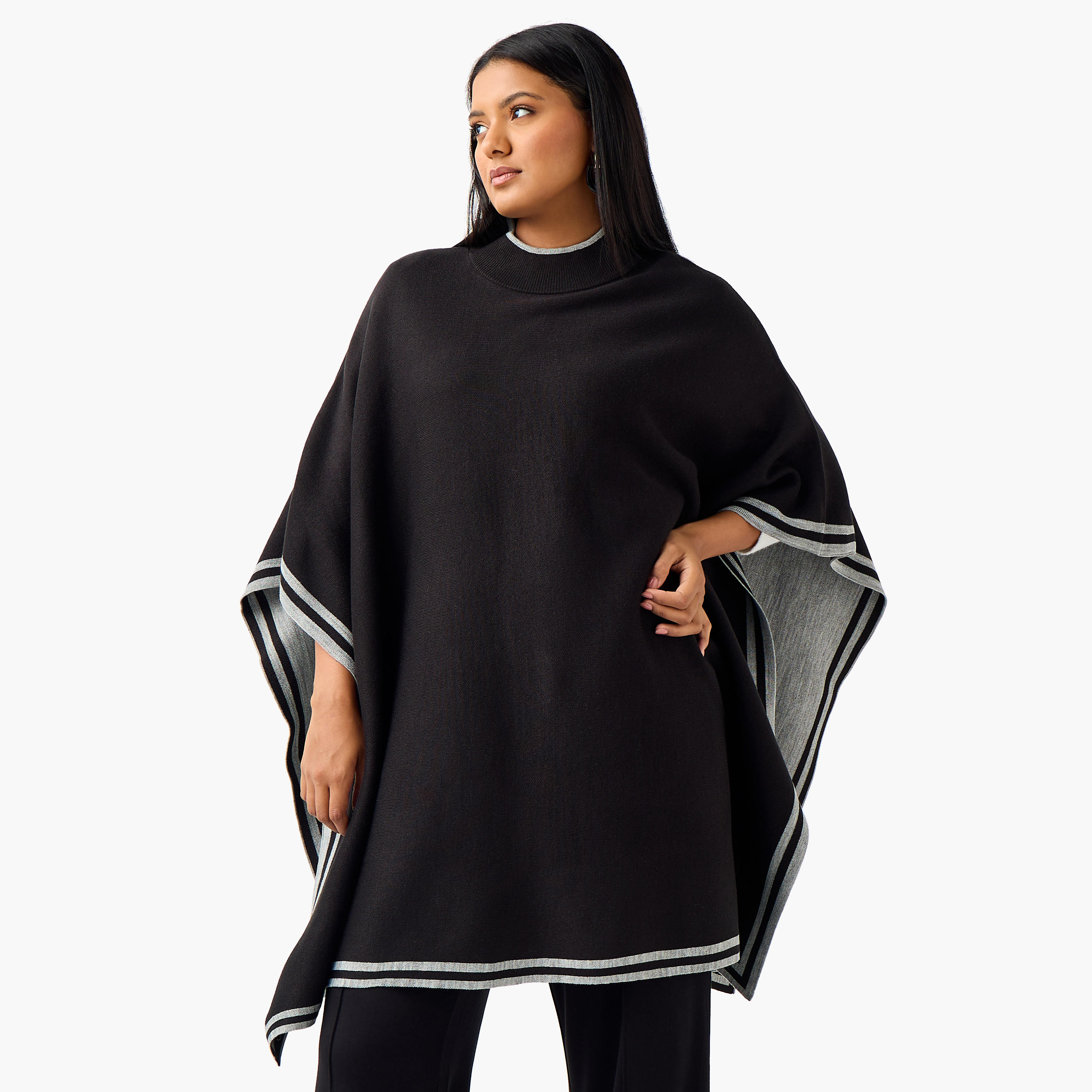 Ulla Popken Relaxed Fit Contrast Border High Neck Poncho-women-winterwear-cardigansandjumpers-cardigans-image-1
