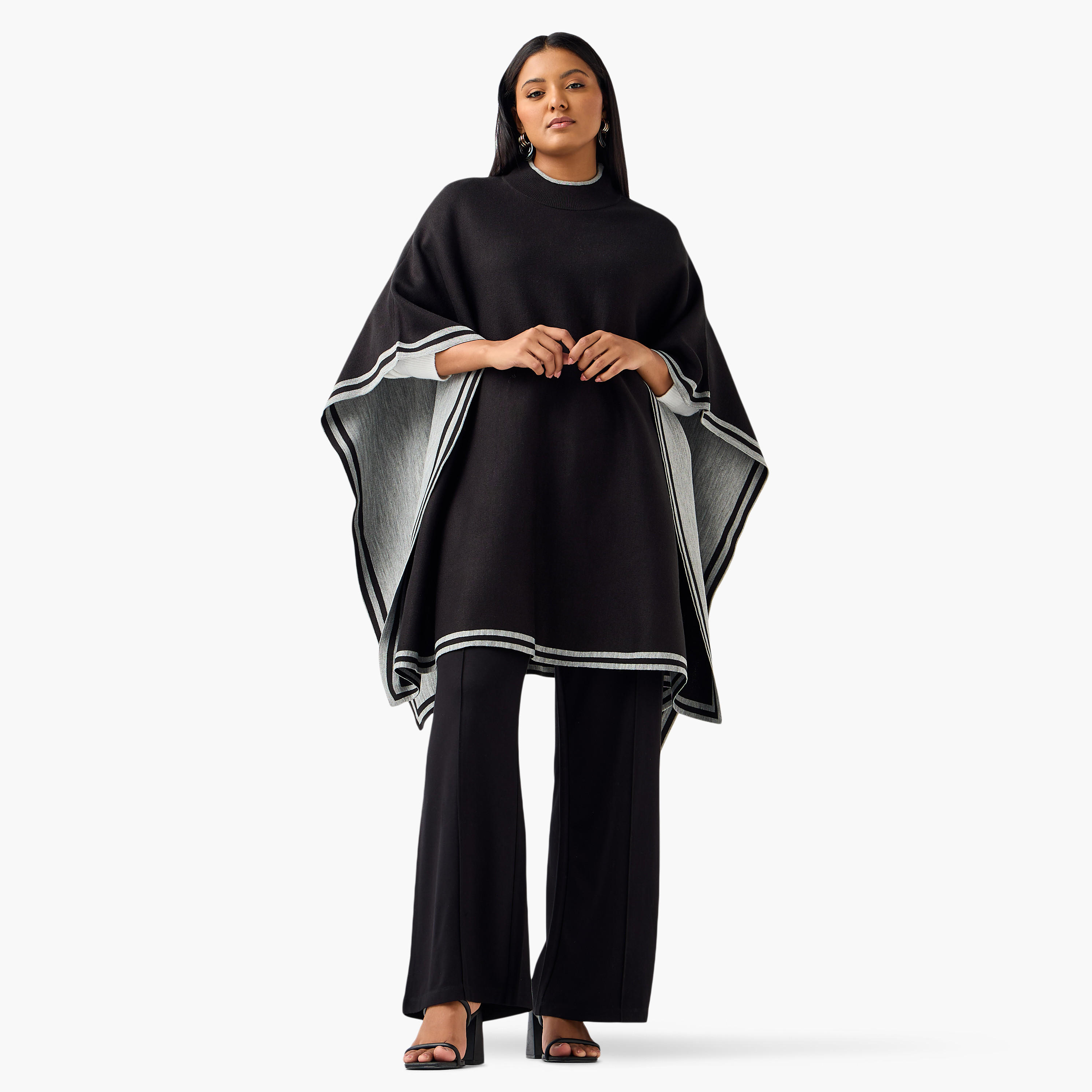 Ulla Popken Relaxed Fit Contrast Border High Neck Poncho-women-winterwear-cardigansandjumpers-cardigans-image-2