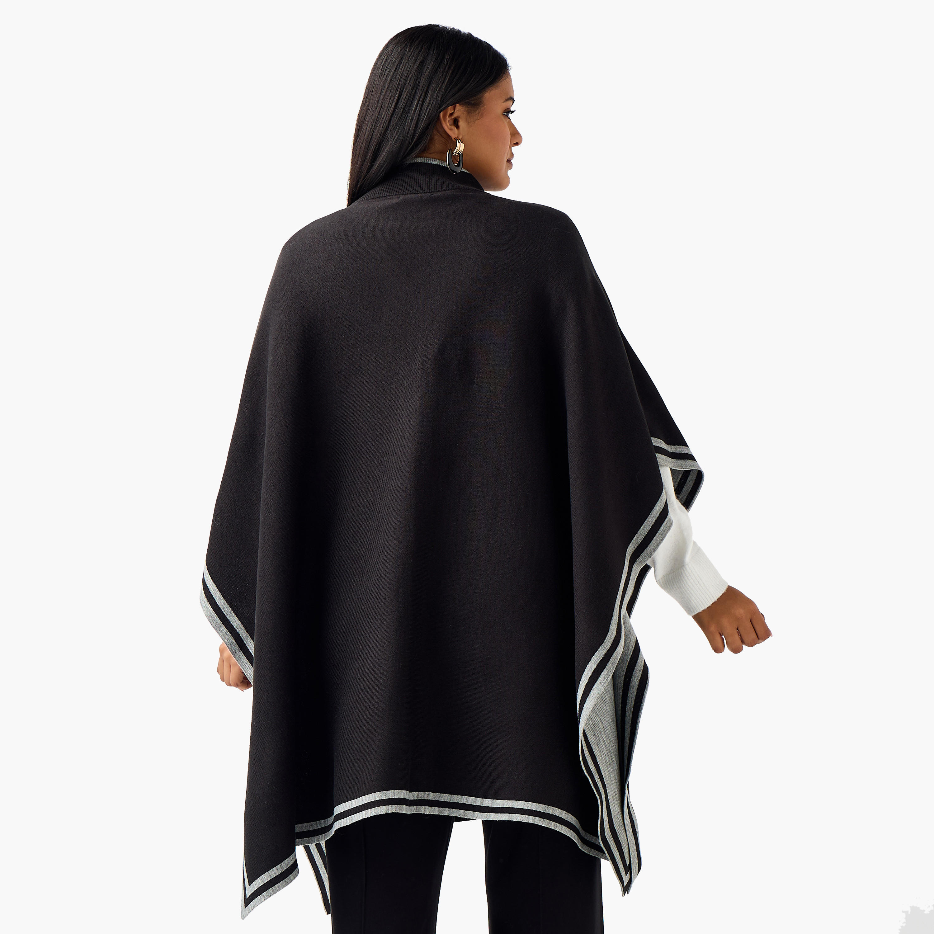 Ulla Popken Relaxed Fit Contrast Border High Neck Poncho-women-winterwear-cardigansandjumpers-cardigans-image-4