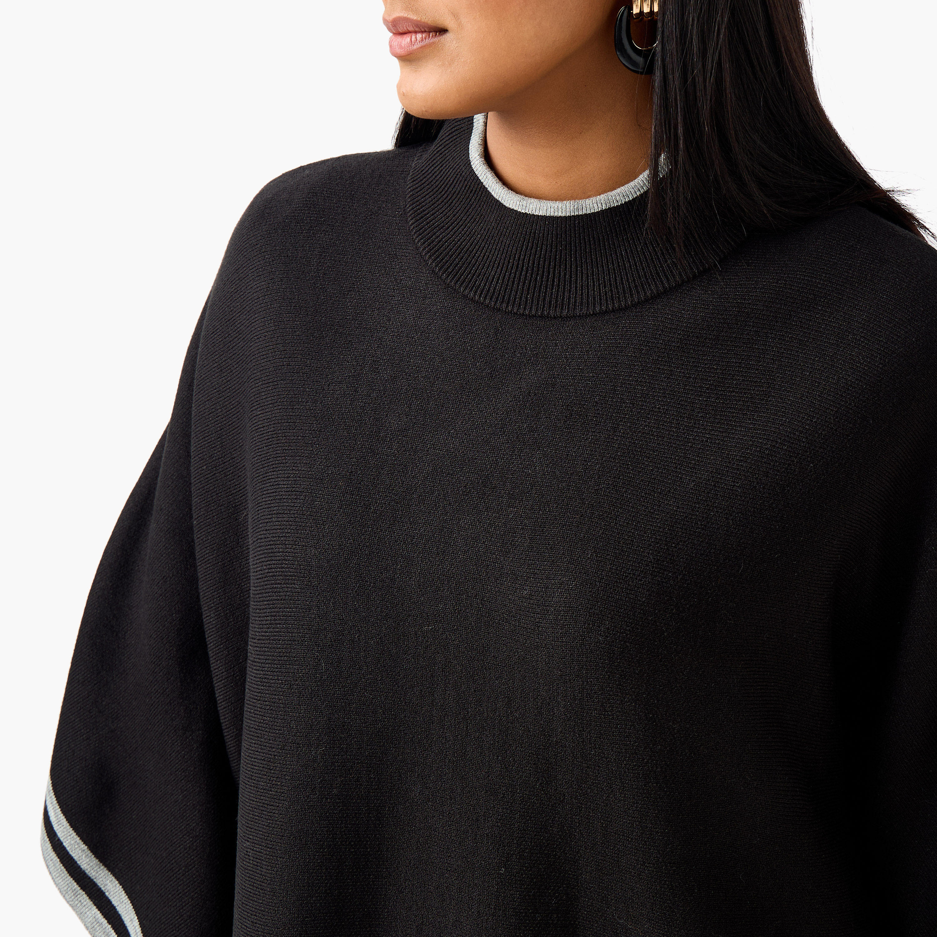 Ulla Popken Relaxed Fit Contrast Border High Neck Poncho-women-winterwear-cardigansandjumpers-cardigans-image-5