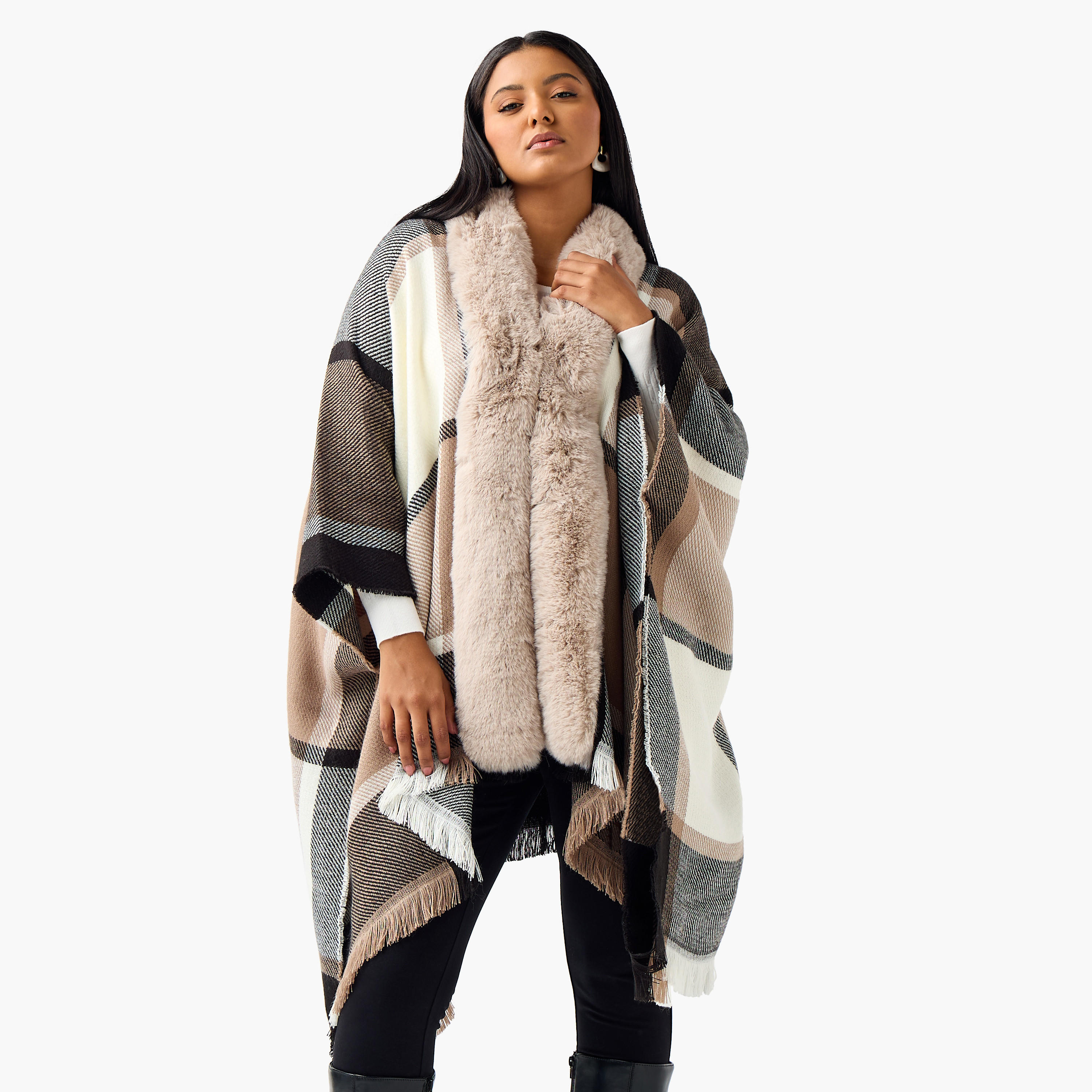 Ulla Popken Relaxed Fit Asymmetric Checked Poncho-women-winterwear-cardigansandjumpers-cardigans-image-1