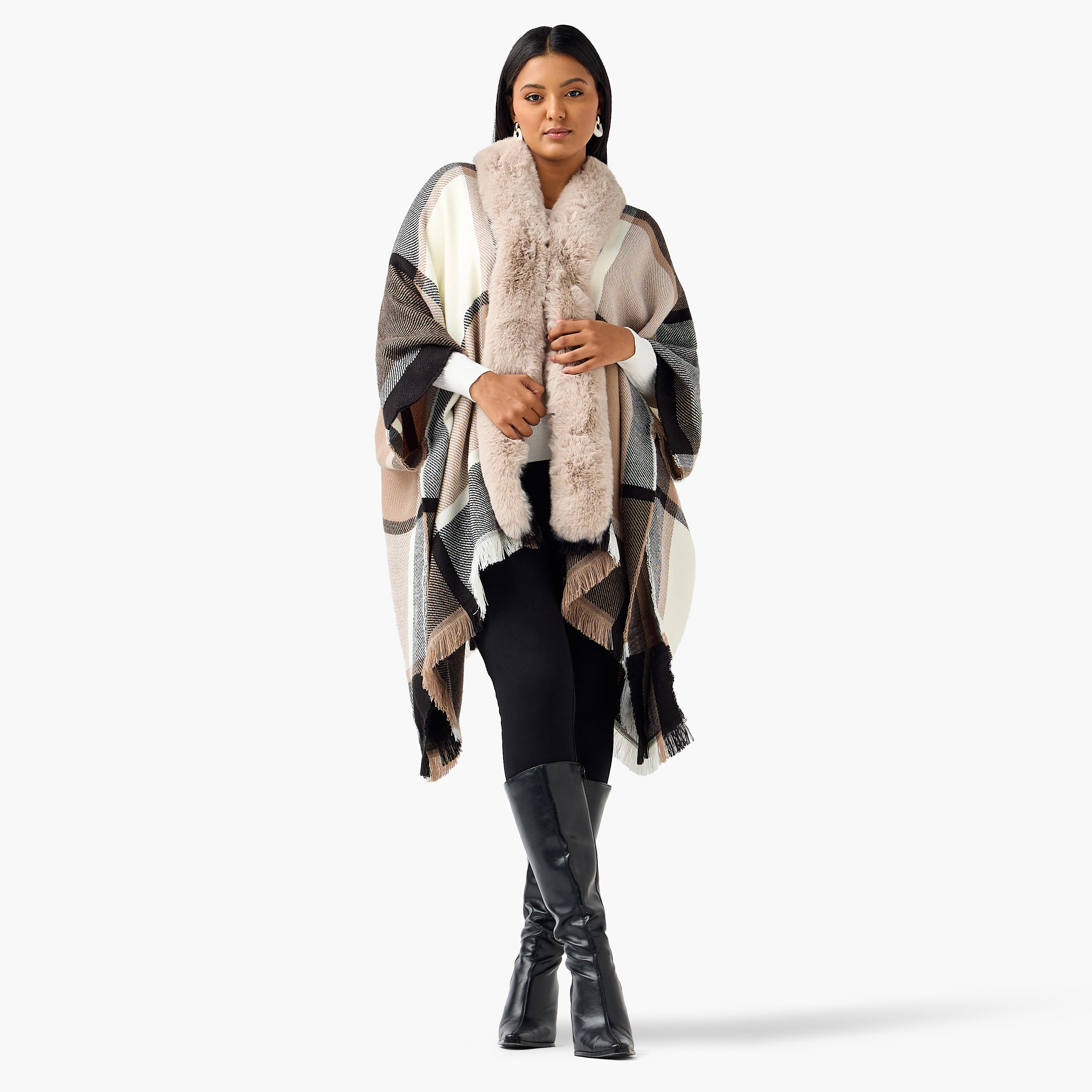 Ulla Popken Relaxed Fit Asymmetric Checked Poncho-women-winterwear-cardigansandjumpers-cardigans-image-2