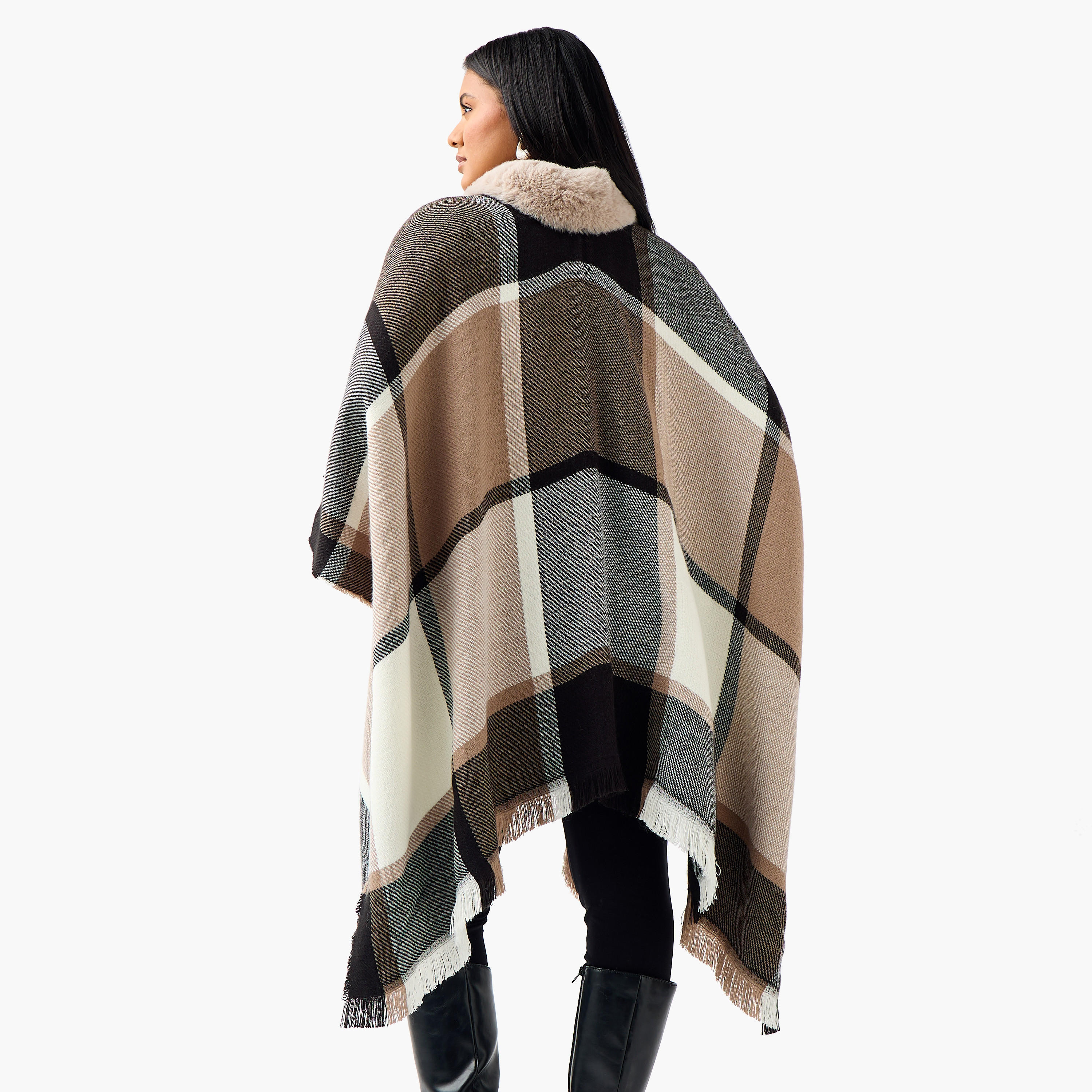 Ulla Popken Relaxed Fit Asymmetric Checked Poncho-women-winterwear-cardigansandjumpers-cardigans-image-4
