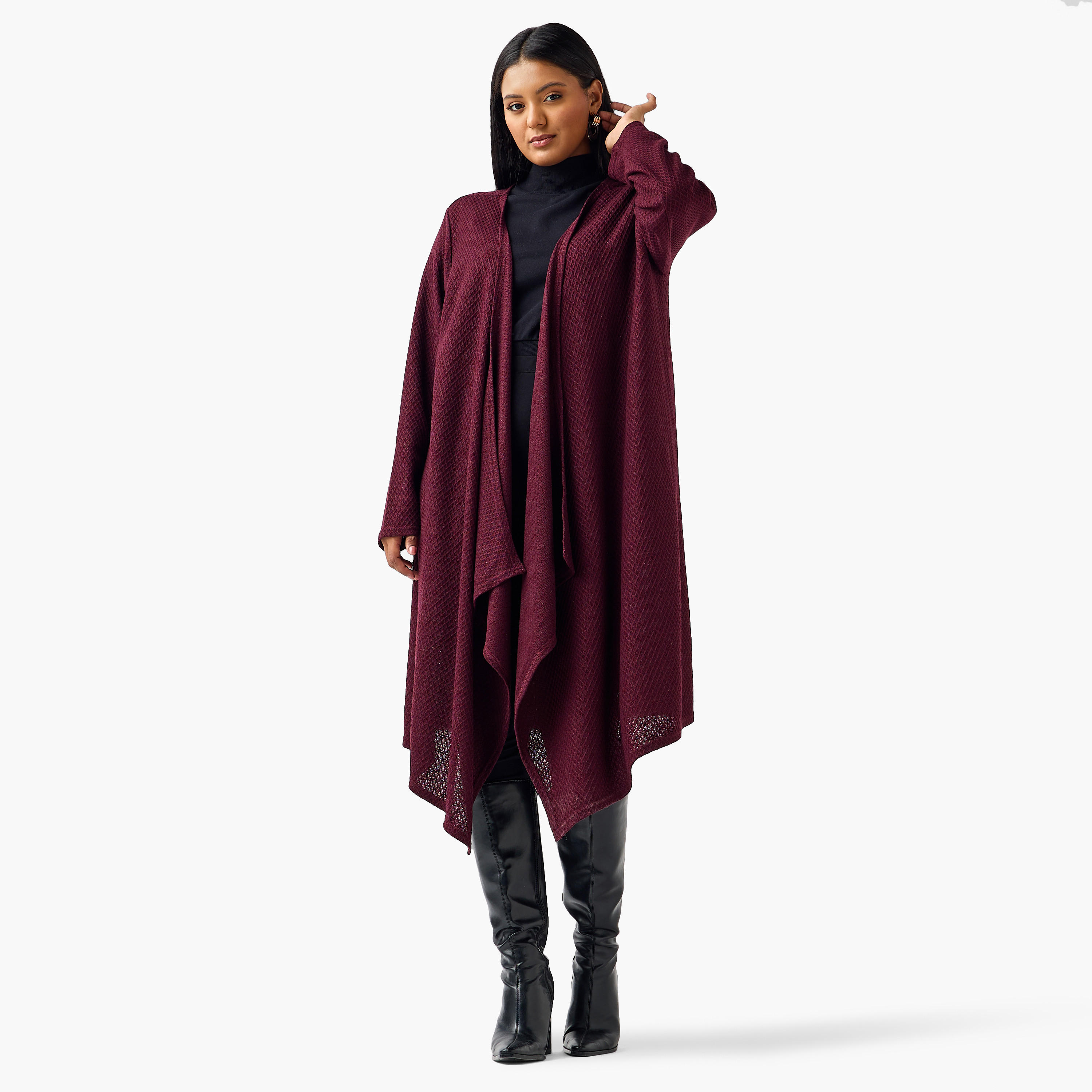 كارديجان طويل بارز الملمس بقصة مريحة من أولا بوبكين-women-winterwear-cardigansandjumpers-cardigans-image-2